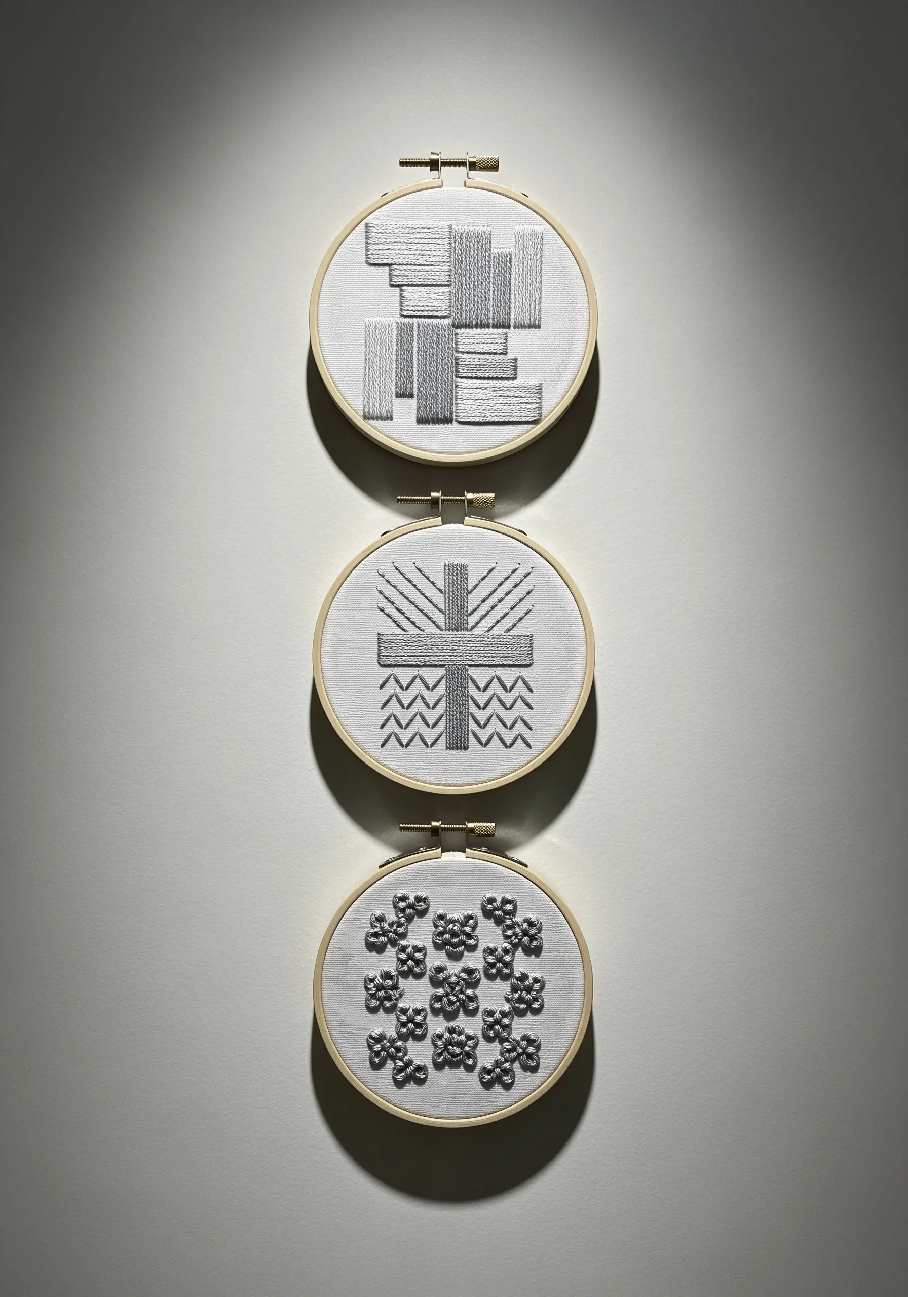 Three small embroidery hoops with minimalist silver geometric patterns on white fabric.