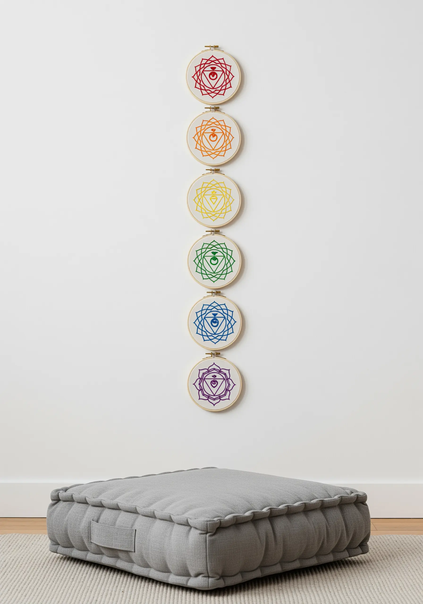 A vertical stack of seven small embroidery hoops, each with a different colored chakra symbol.