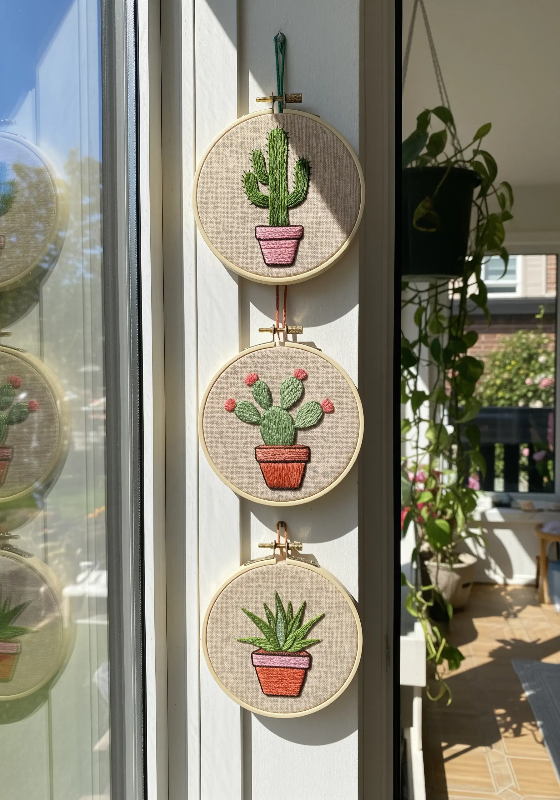 Three small embroidery hoops with different cacti and succulents, hung vertically.