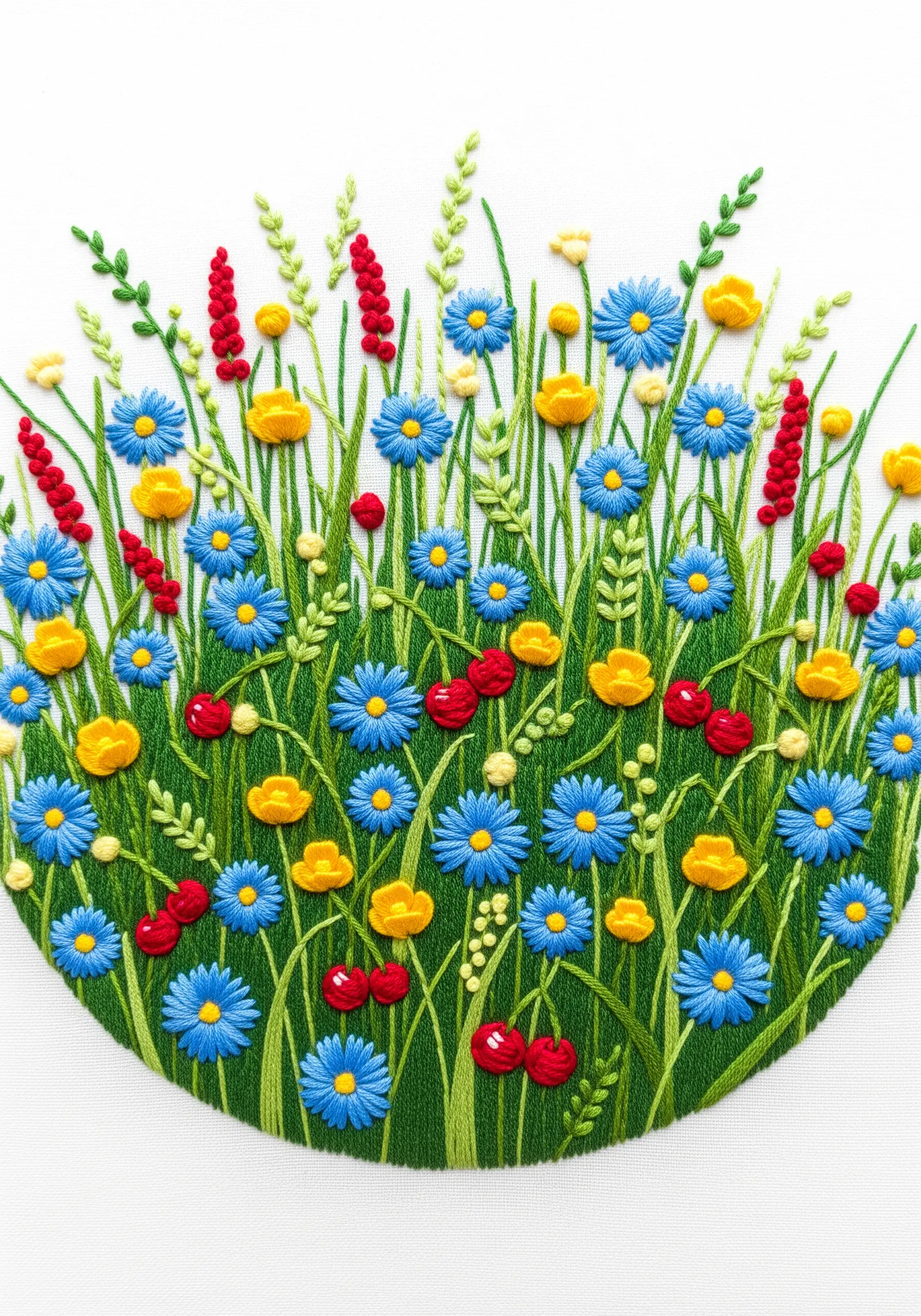 A dense, colorful embroidery of blue, yellow, and red wildflowers against green stems.
