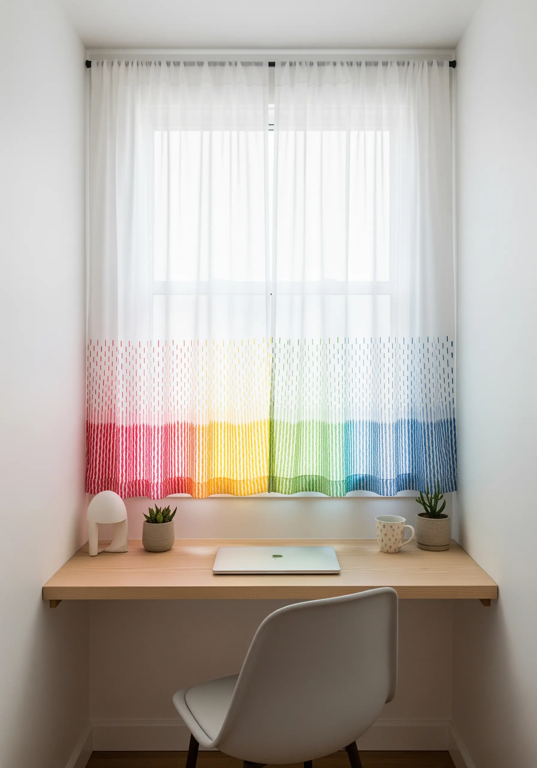 Rainbow color gradient created with vertical stitches on a white sheer curtain.