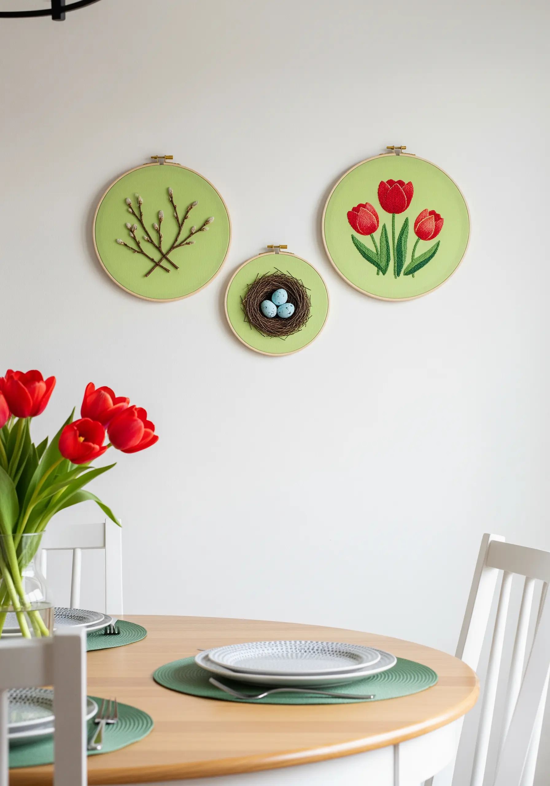 Three embroidery hoops with spring themes: a bird's nest, tulips, and pussy willows.
