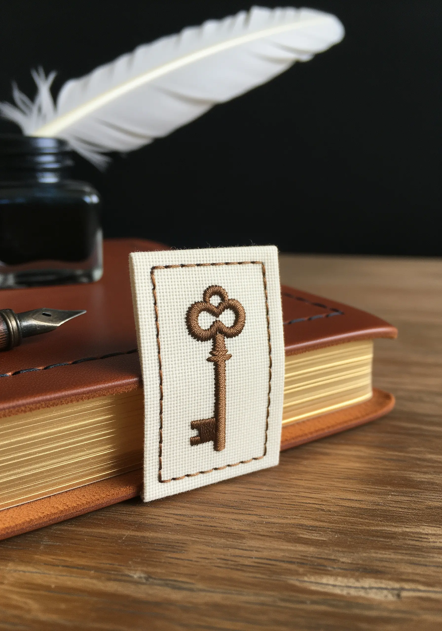 A vintage-style key embroidered on a small fabric bookmark resting on a book.