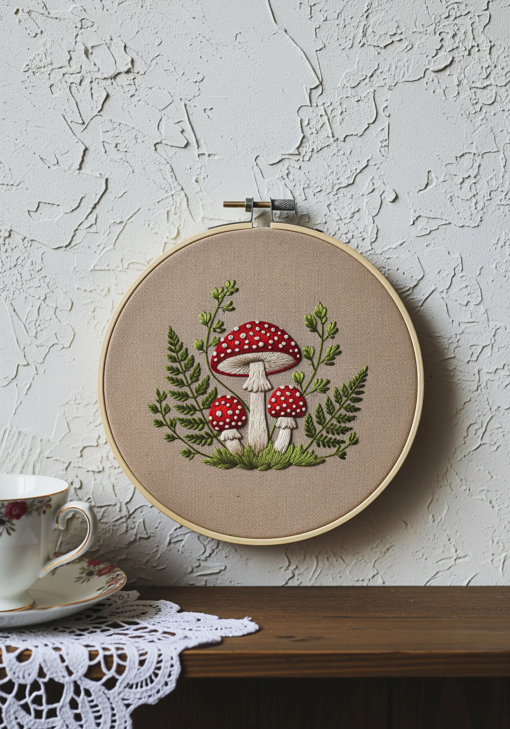 A trio of red and white toadstool mushrooms surrounded by green ferns in an embroidery hoop.