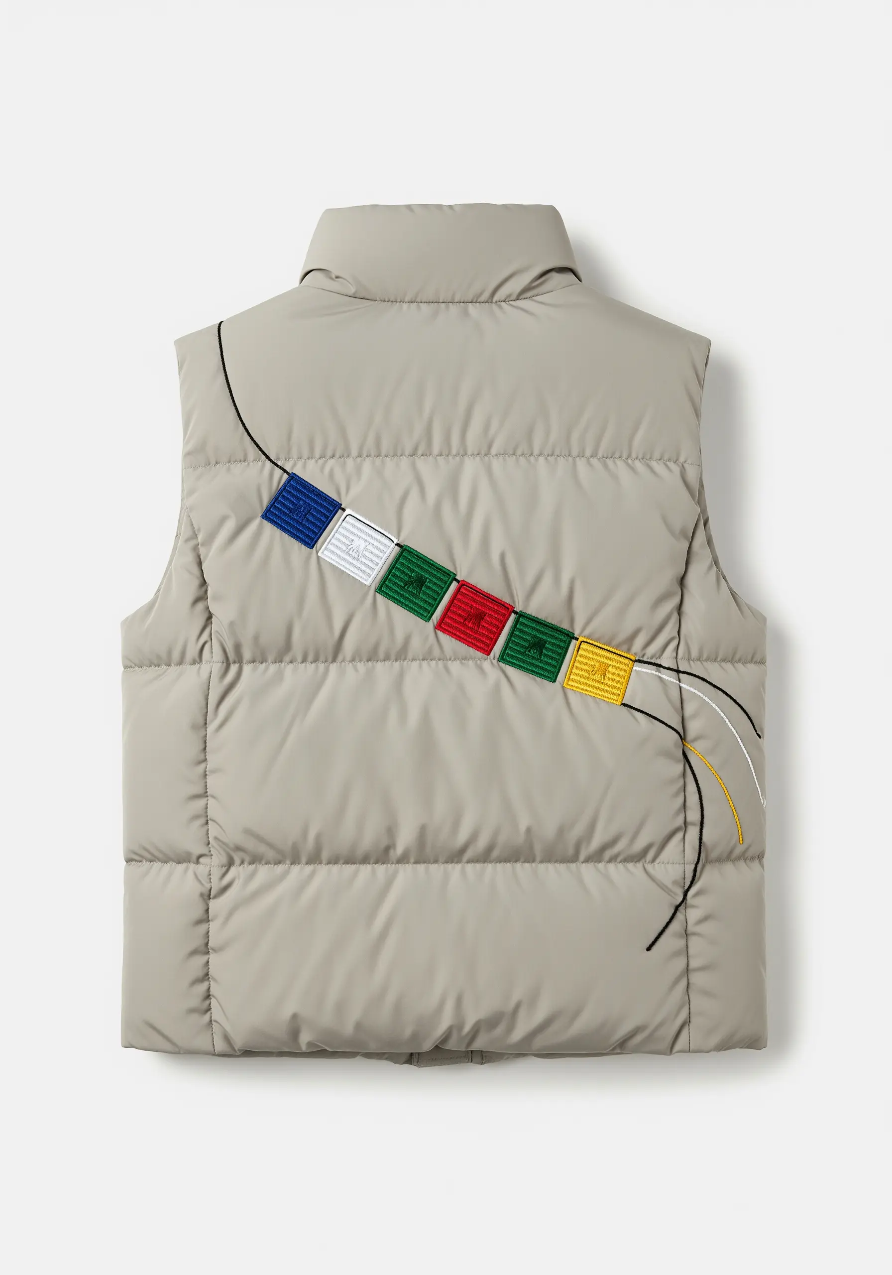 Minimalist embroidery of colorful Himalayan prayer flags on a puffer vest.