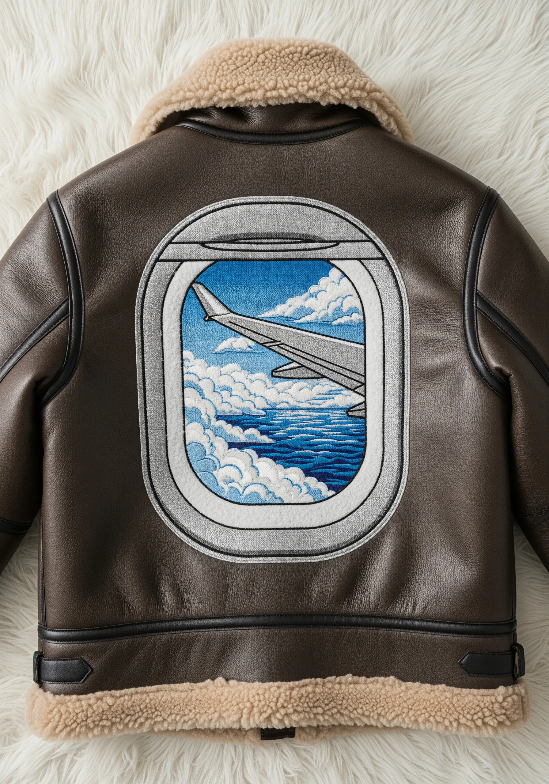Embroidered airplane window view showing the wing, clouds, and ocean below.
