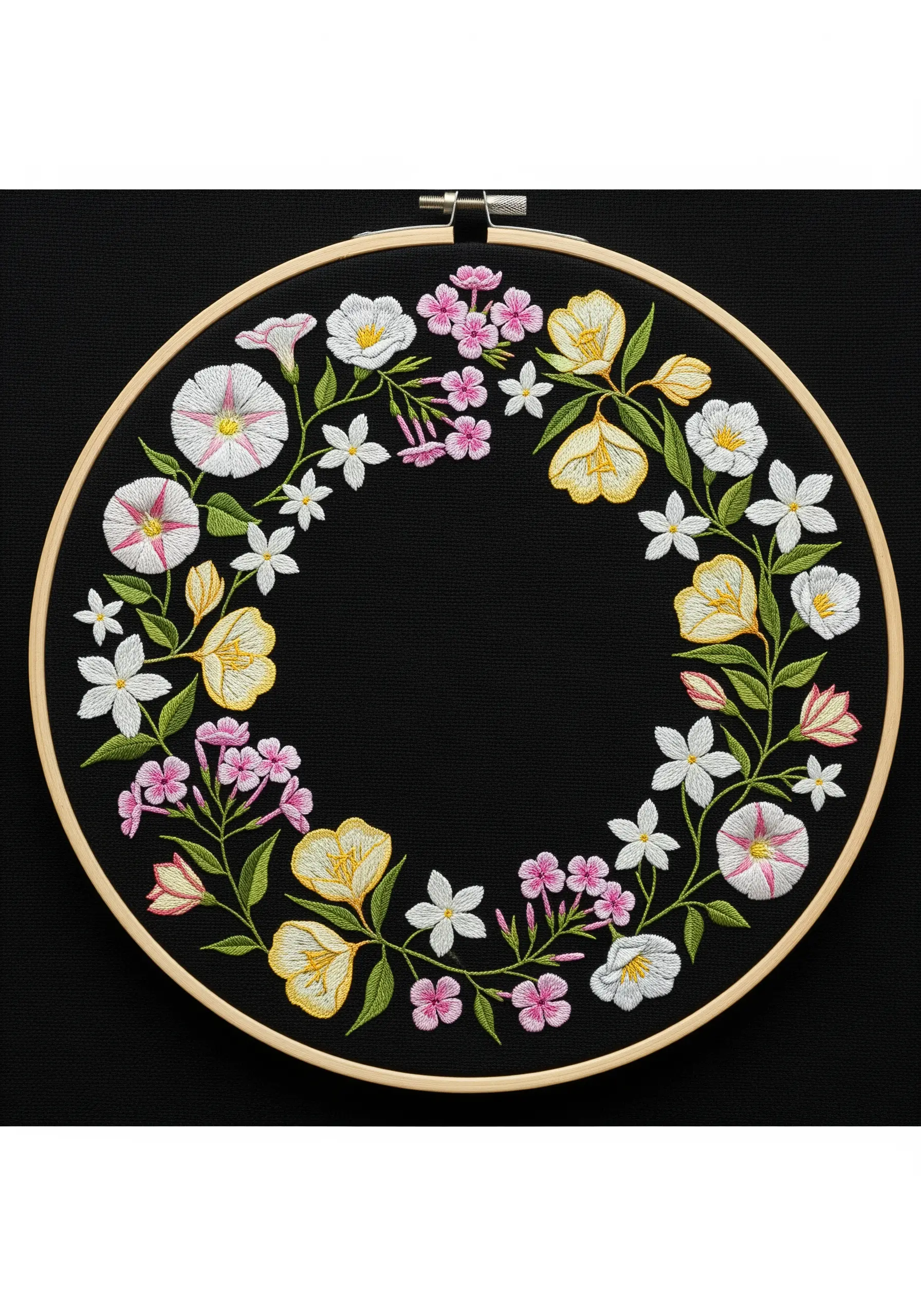 An embroidered wreath of various night-blooming flowers in white, yellow, and pink on black fabric.