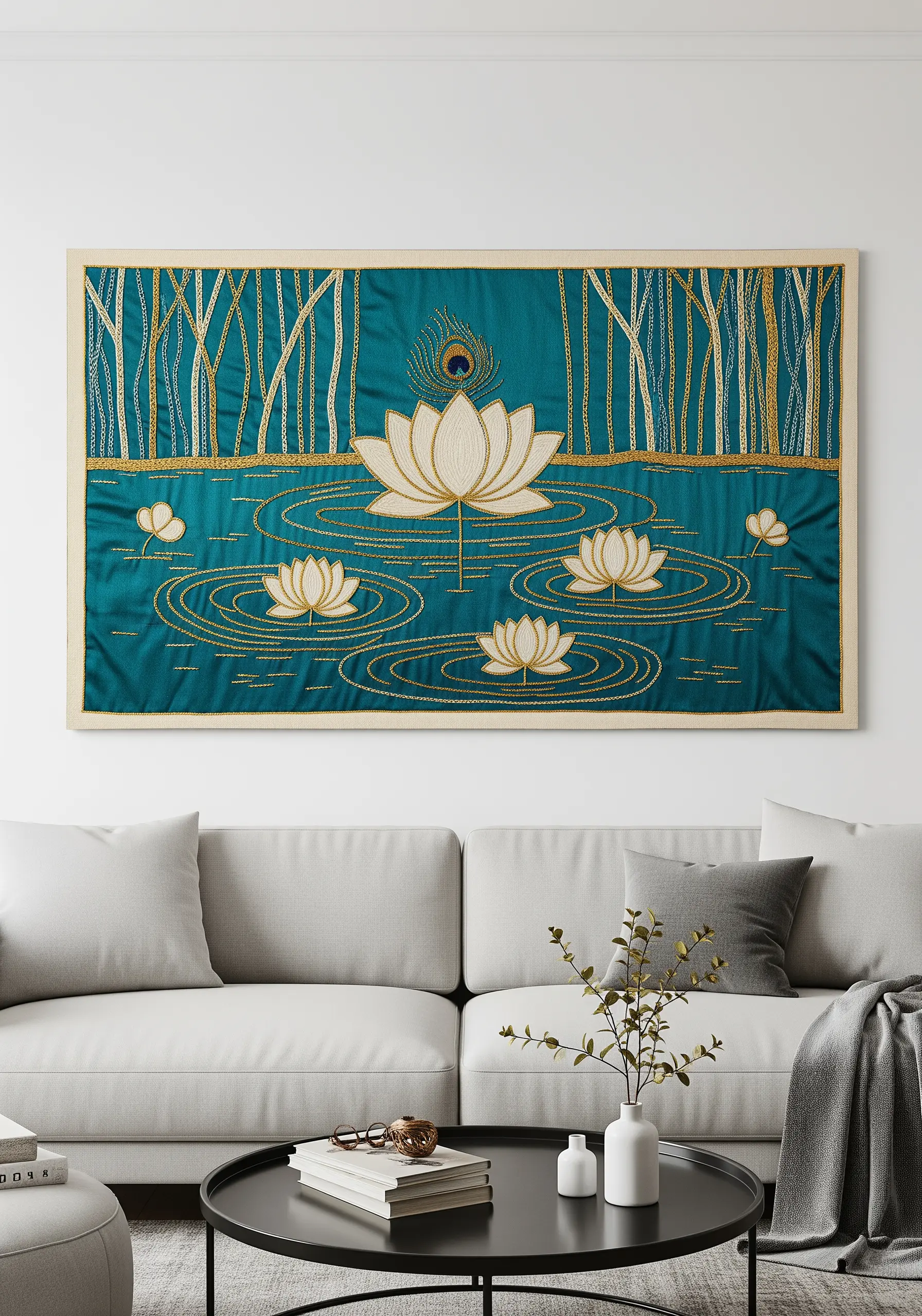 A framed Aari embroidery of a white lotus on teal fabric with gold thread details.