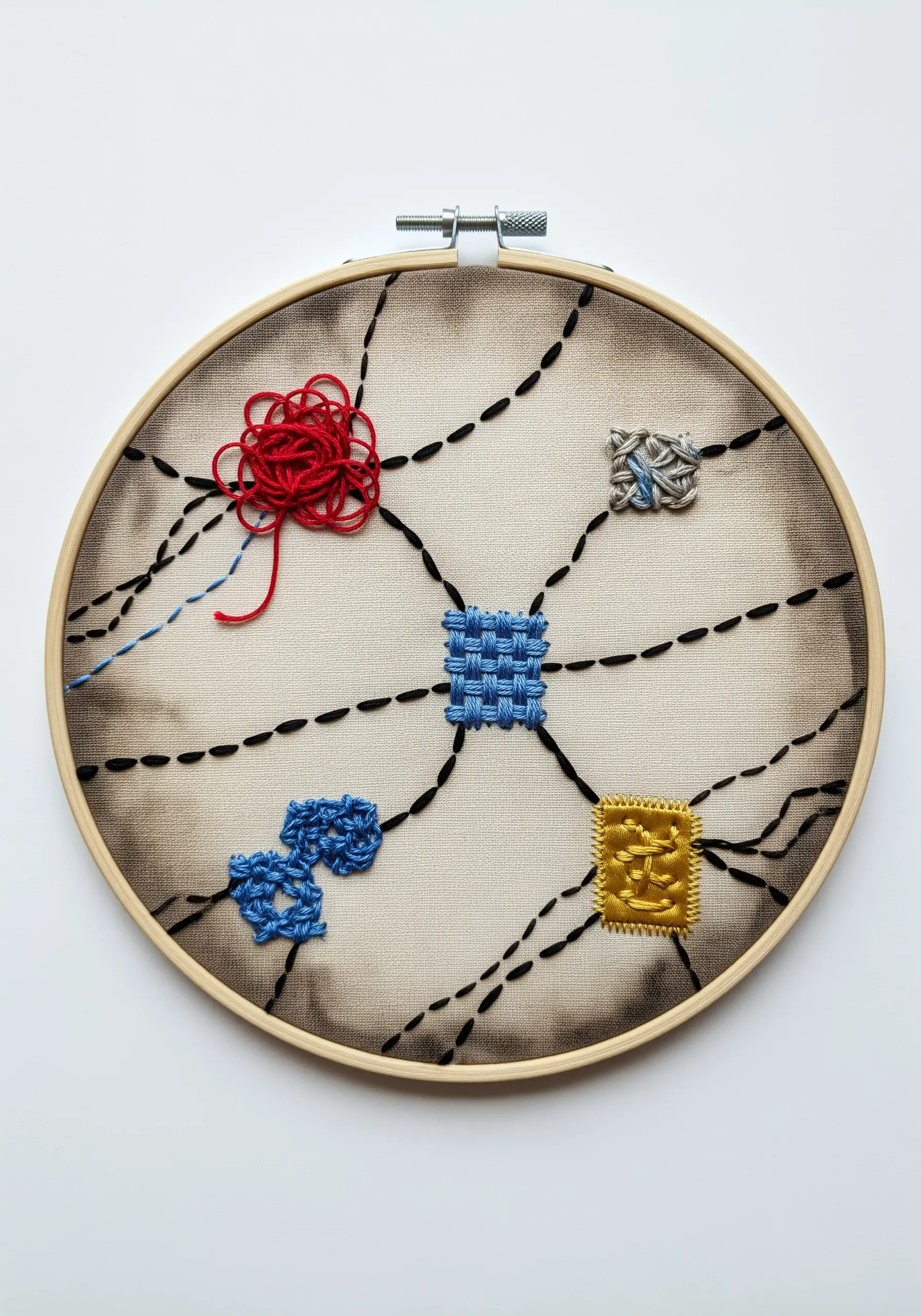 An abstract map on stained fabric with dotted lines connecting small woven stitch squares.