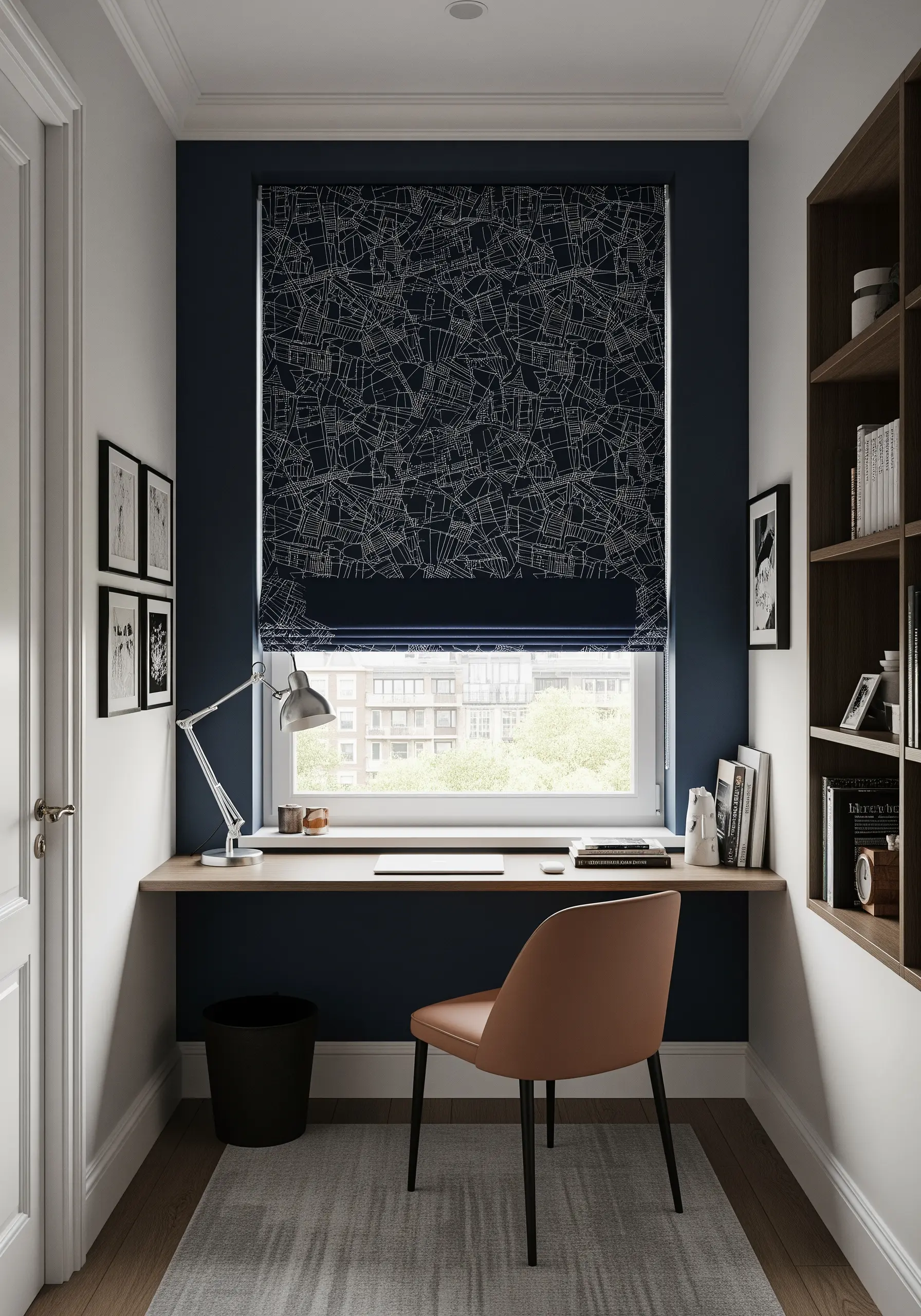An abstract geometric city map embroidered in white on a navy blue blind.