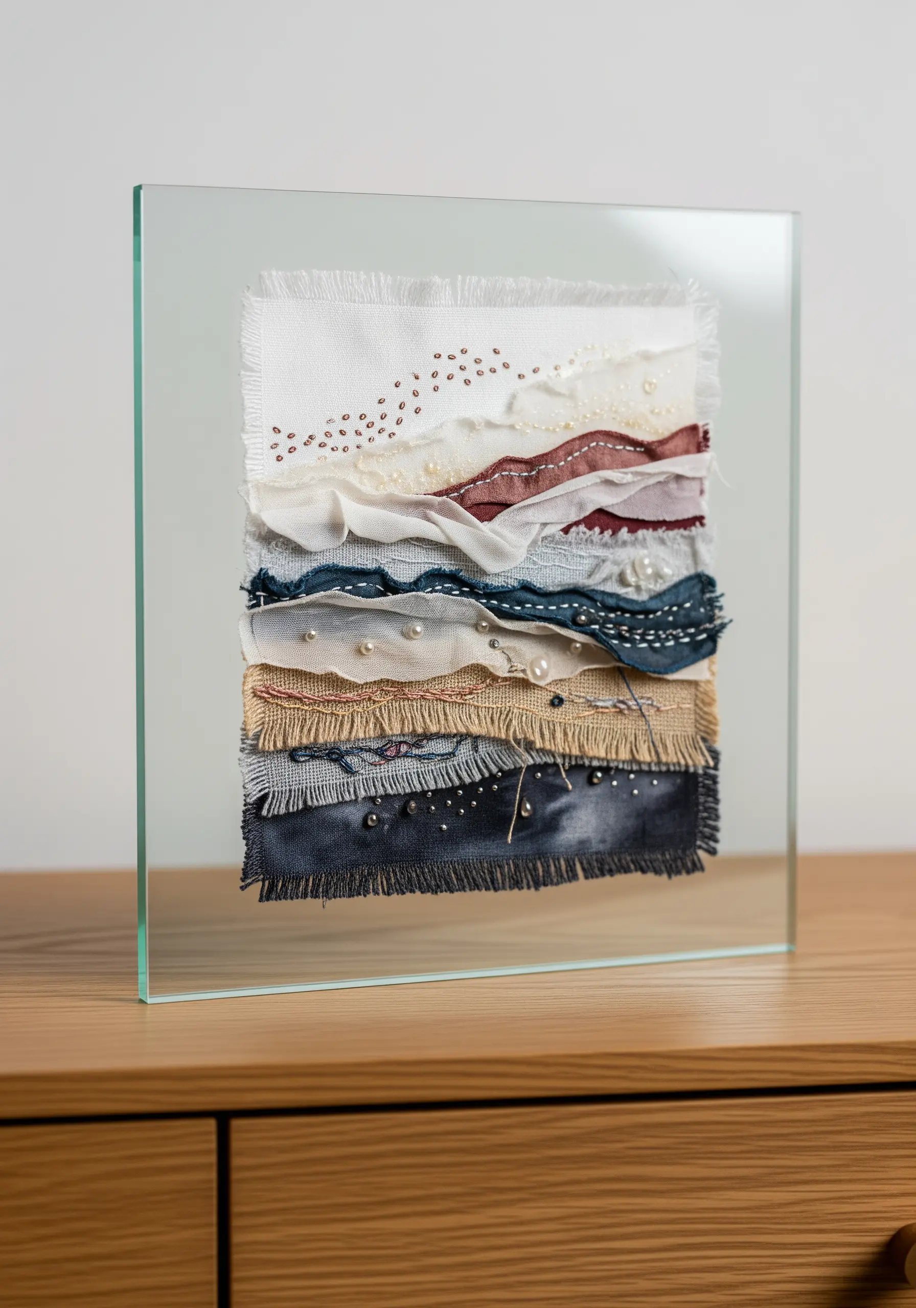 Abstract textile collage in a glass frame, using layered fabrics, beads, and minimal stitching.