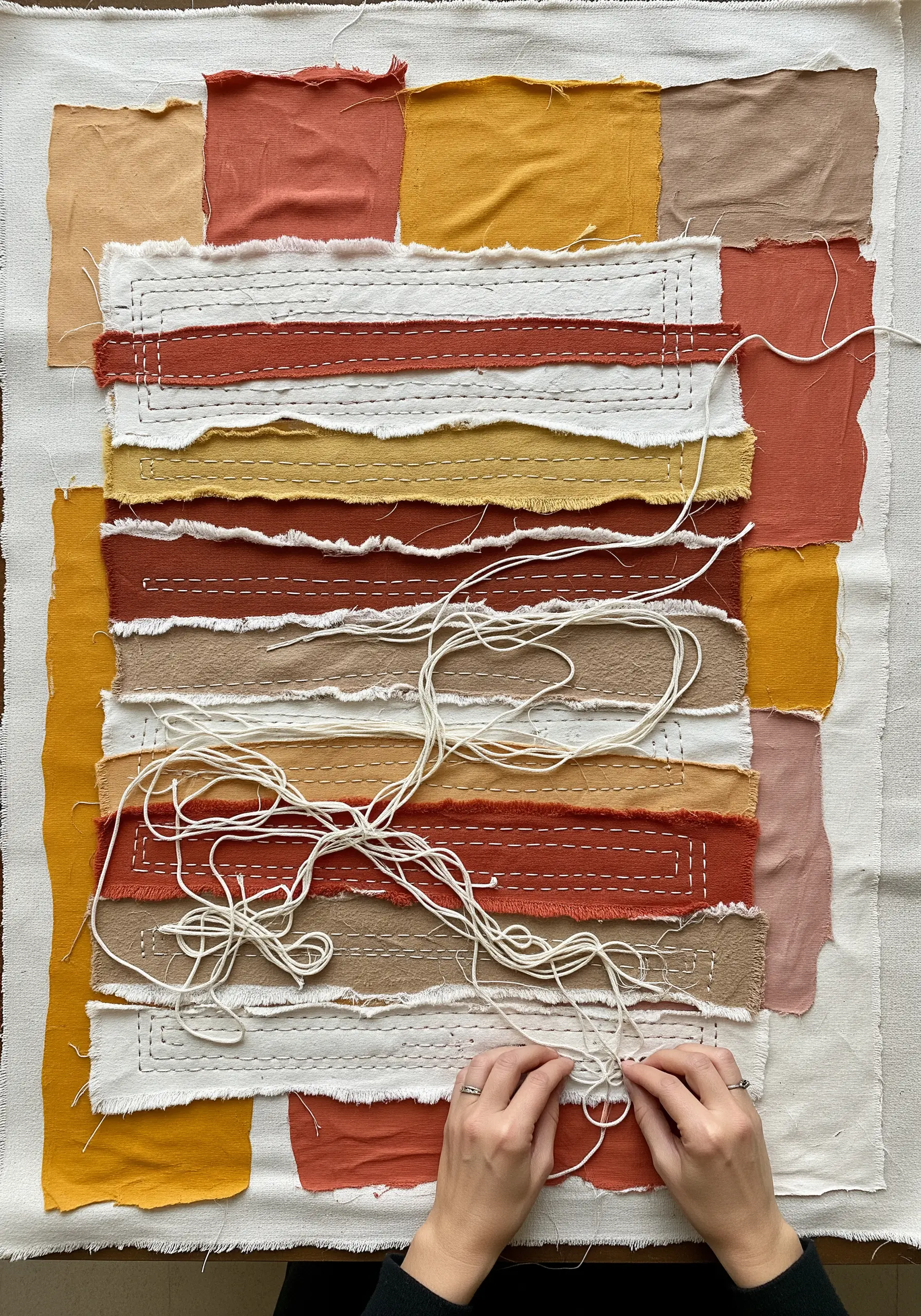 Abstract fabric collage with raw edges, held together with running stitches and loose threads.