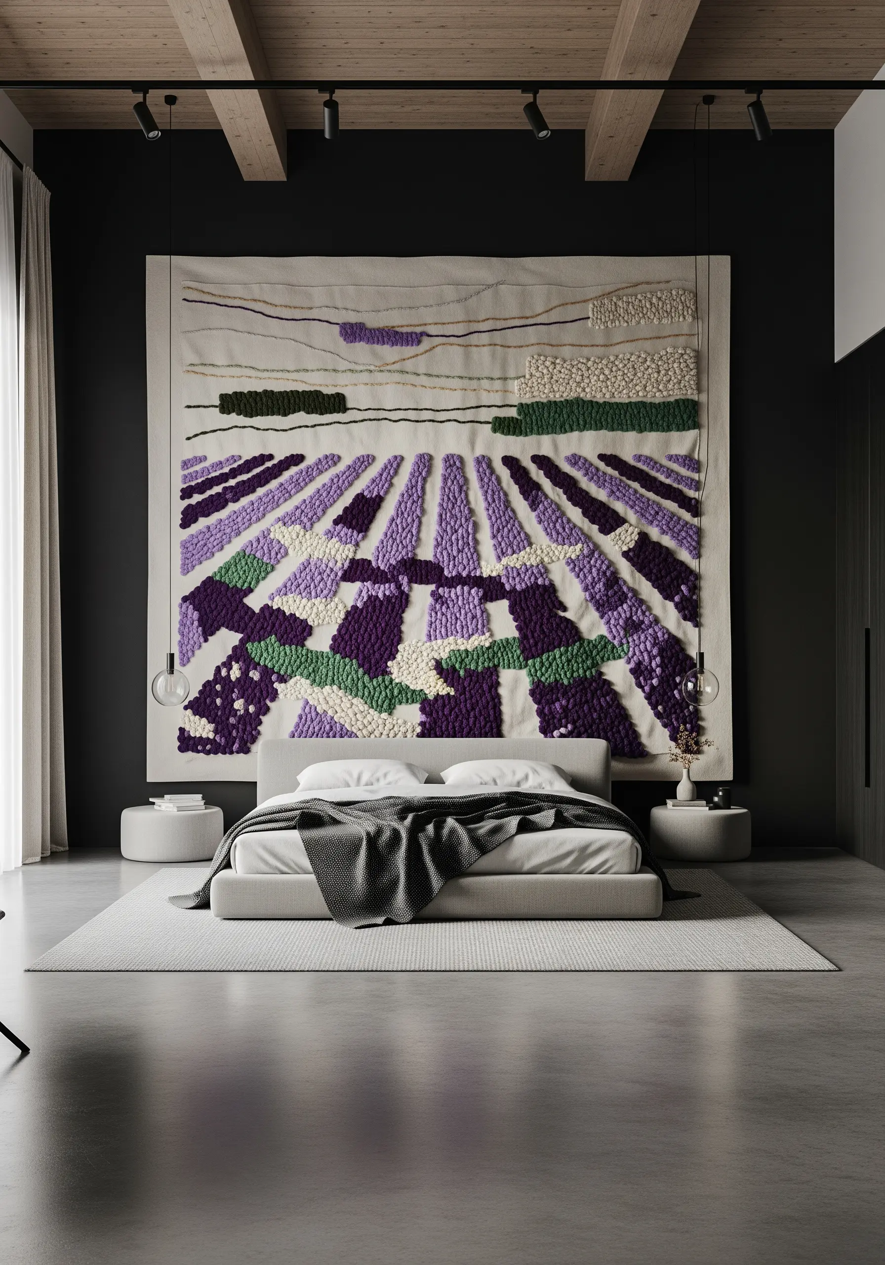 A large, abstract tapestry of a lavender field hanging over a modern bed in a dark room.