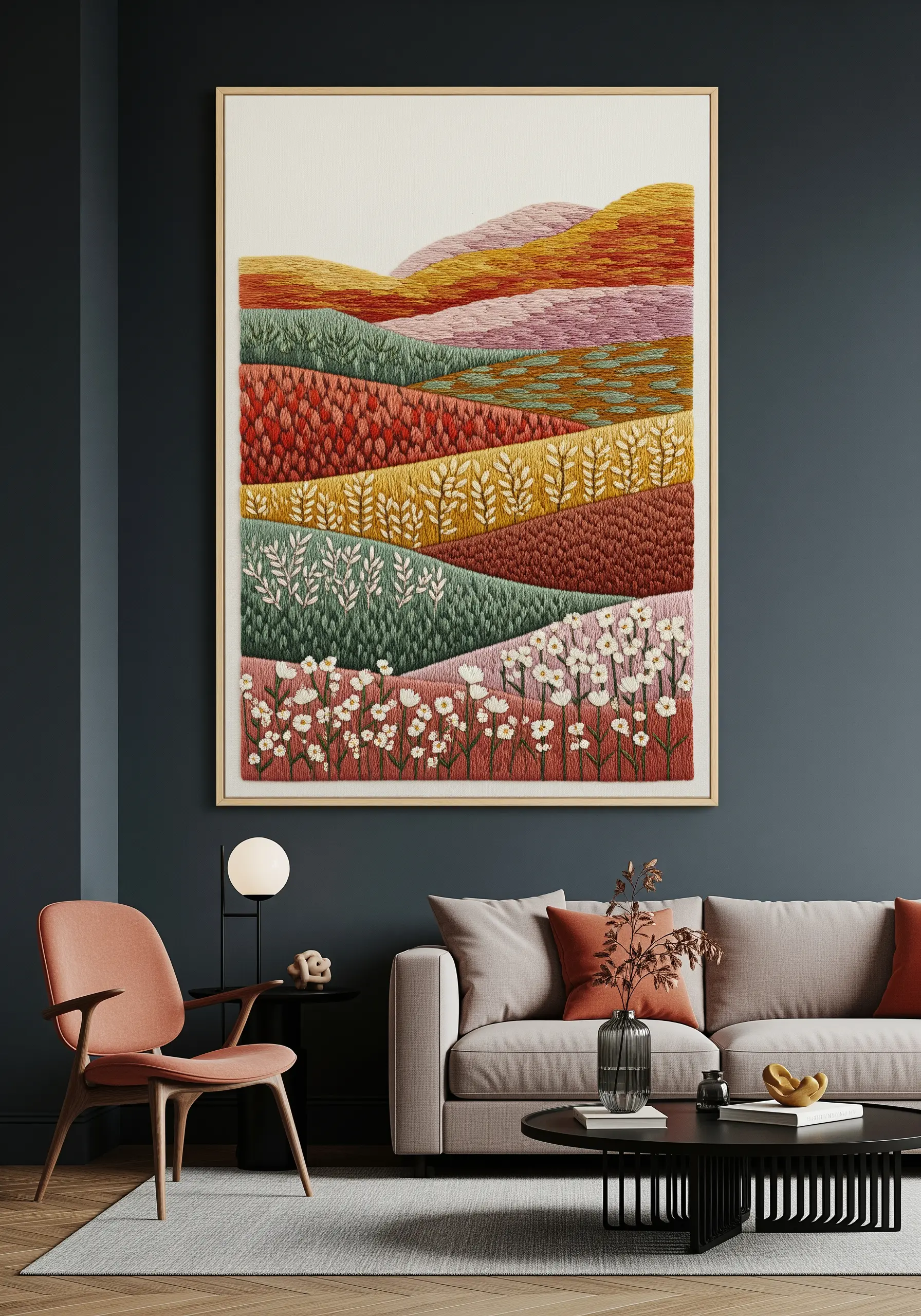 A large, framed abstract embroidery depicting a landscape in colorful, textured, horizontal bands.