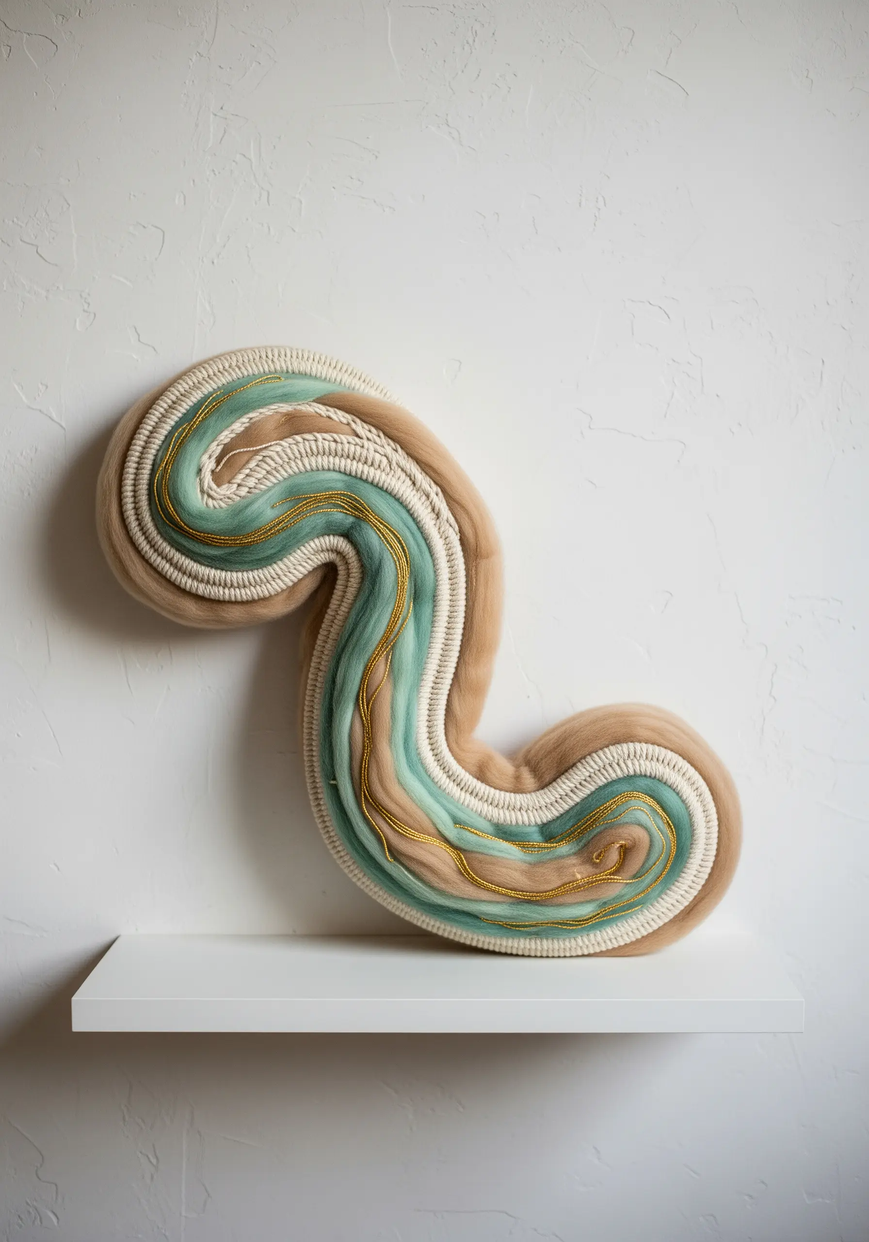 Abstract wall sculpture made from coiled and wrapped wool roving in neutral and seafoam green.