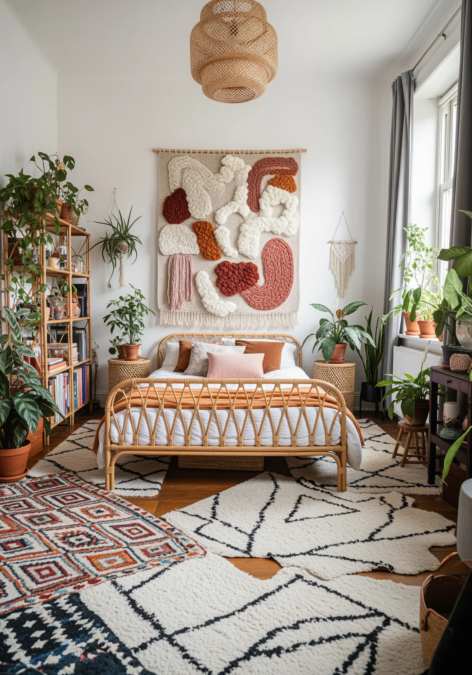 Large, abstract fiber art wall hanging with tufted, high-pile textures in neutral and earth tones.