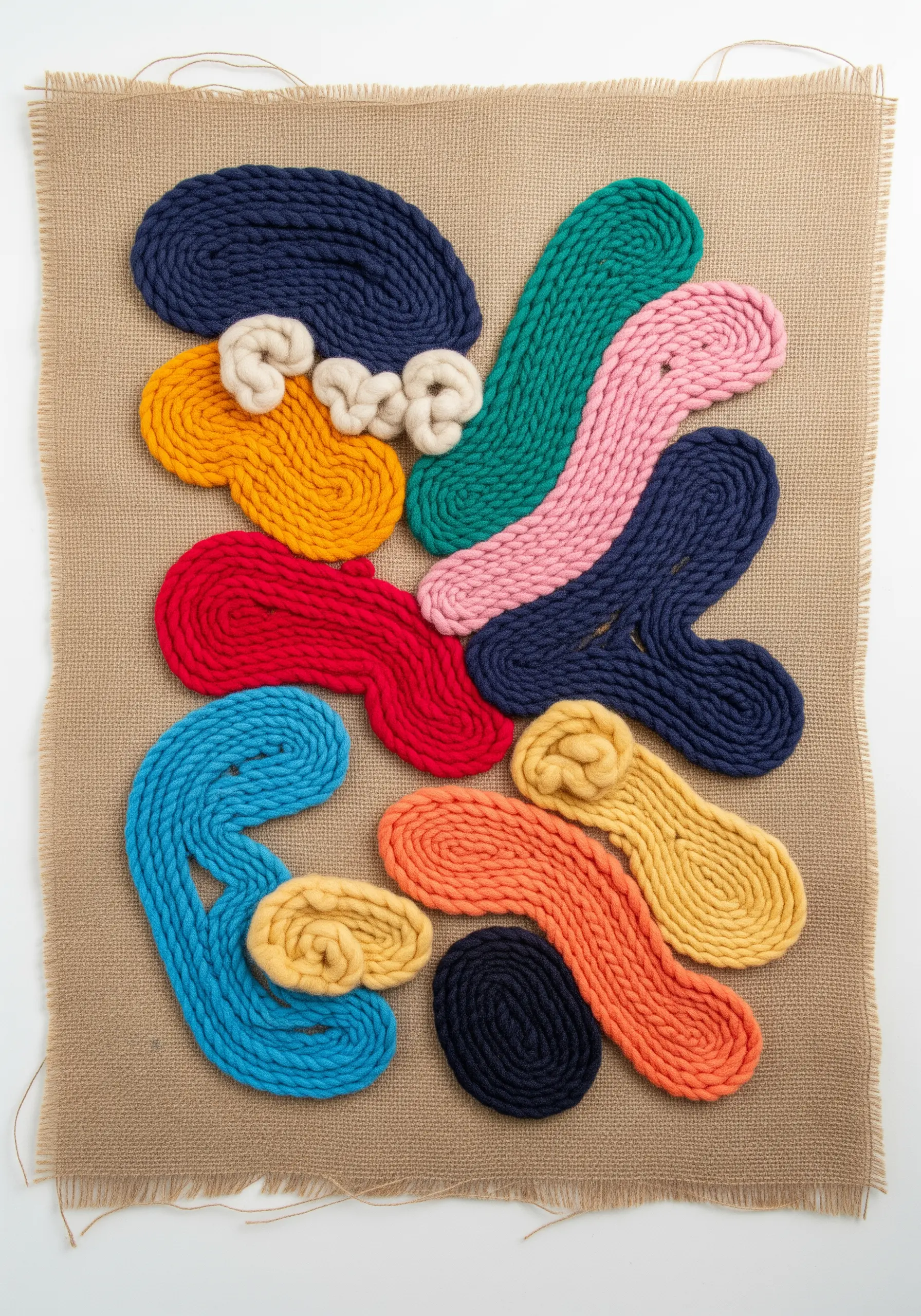 Abstract, colorful coiled yarn shapes attached to a burlap canvas using the couching technique.