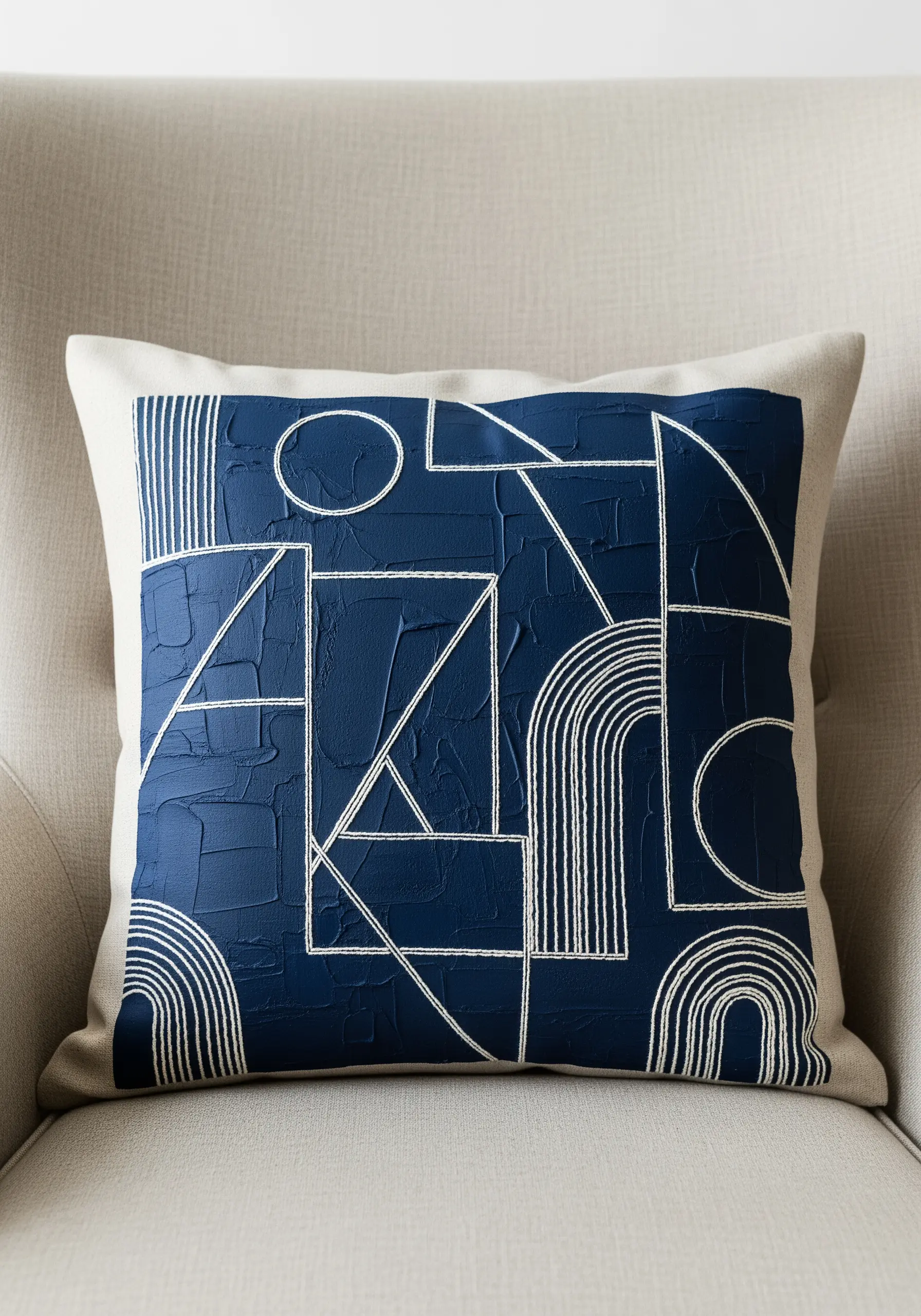 An abstract geometric design on a pillow, combining textured navy paint with white line embroidery.