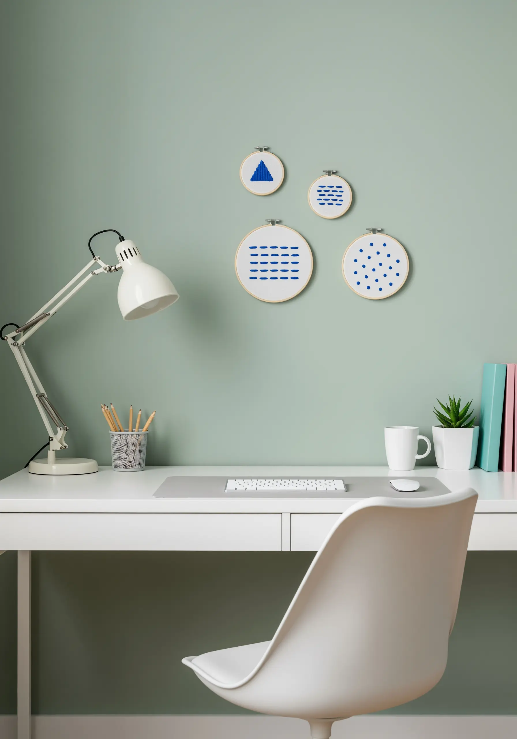 A collection of four small embroidery hoops with abstract blue patterns on a sage green wall.