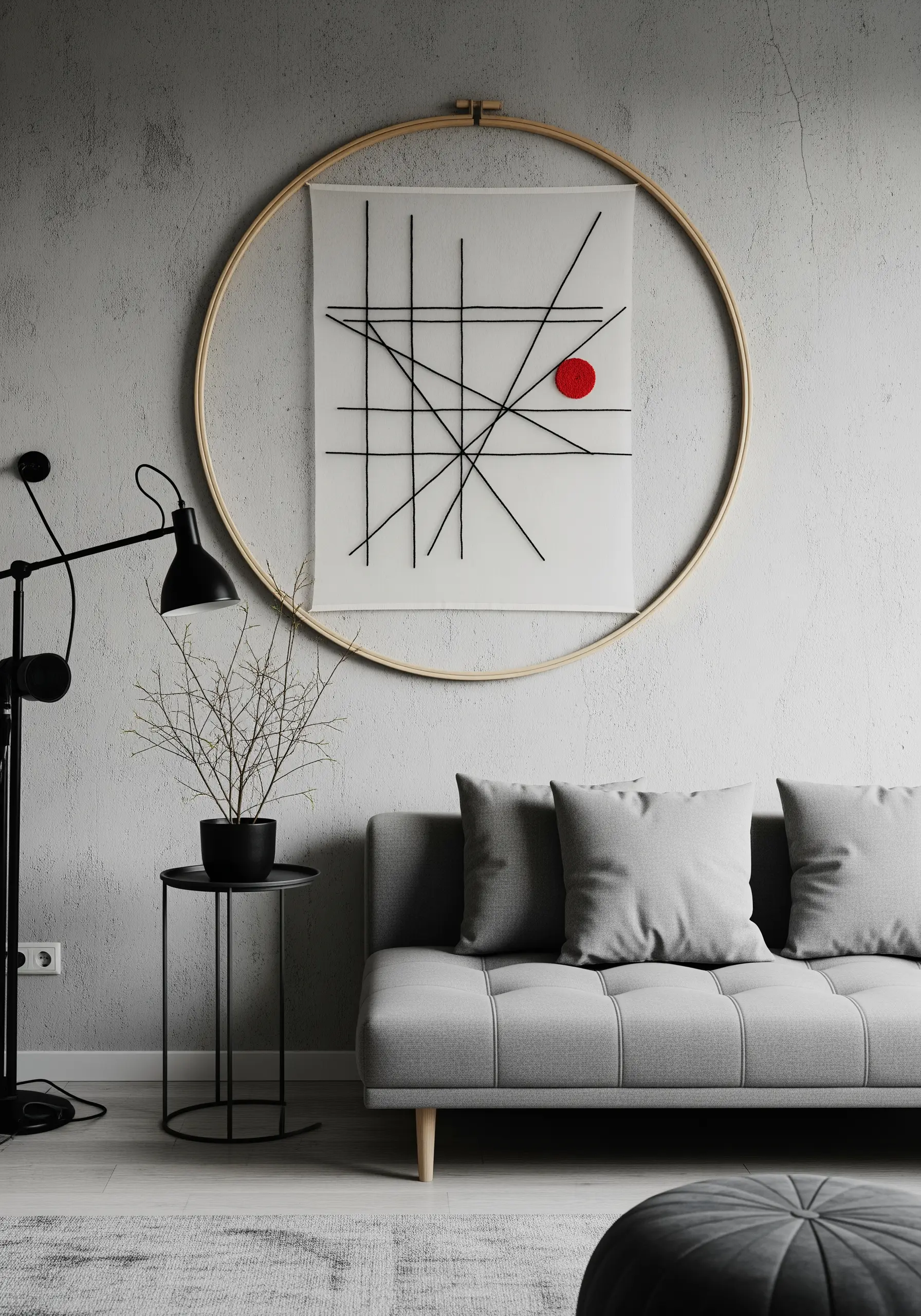 An abstract design of intersecting black lines and one red circle on sheer fabric in a giant hoop.