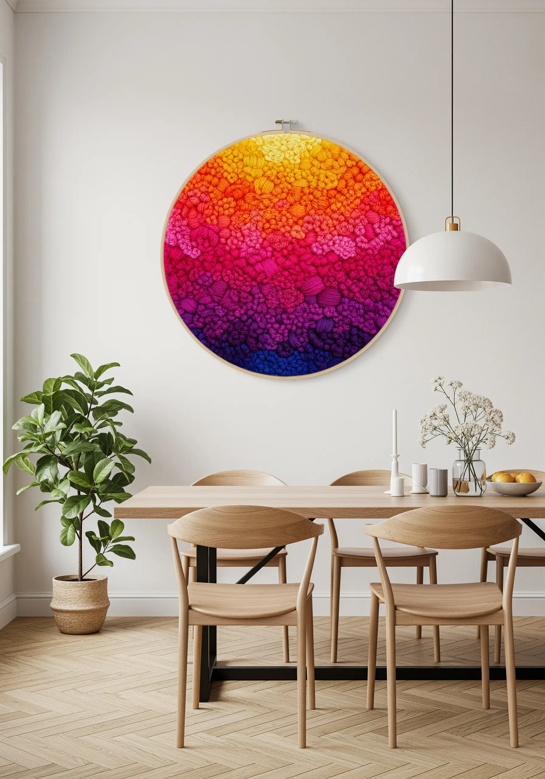 An oversized embroidery hoop filled with a dense, textured gradient of pink, orange, and purple.