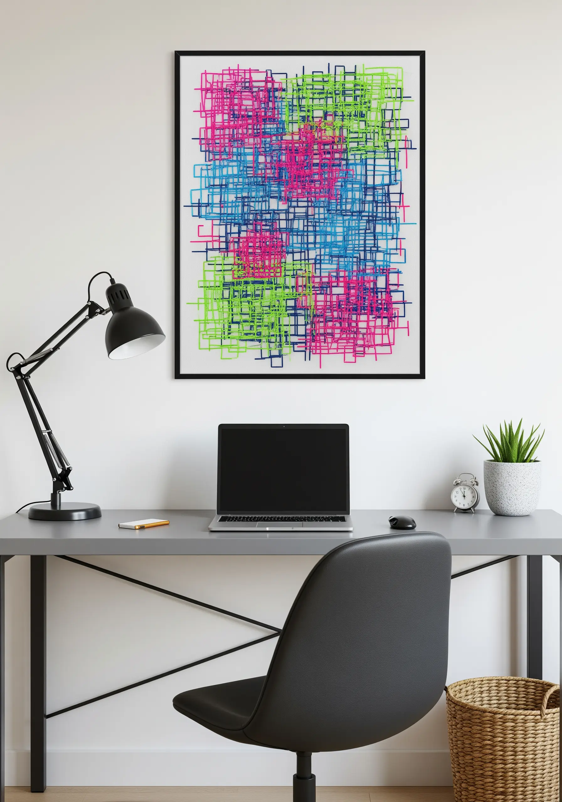 Framed abstract embroidery with intersecting straight stitches in blue, pink, and green.