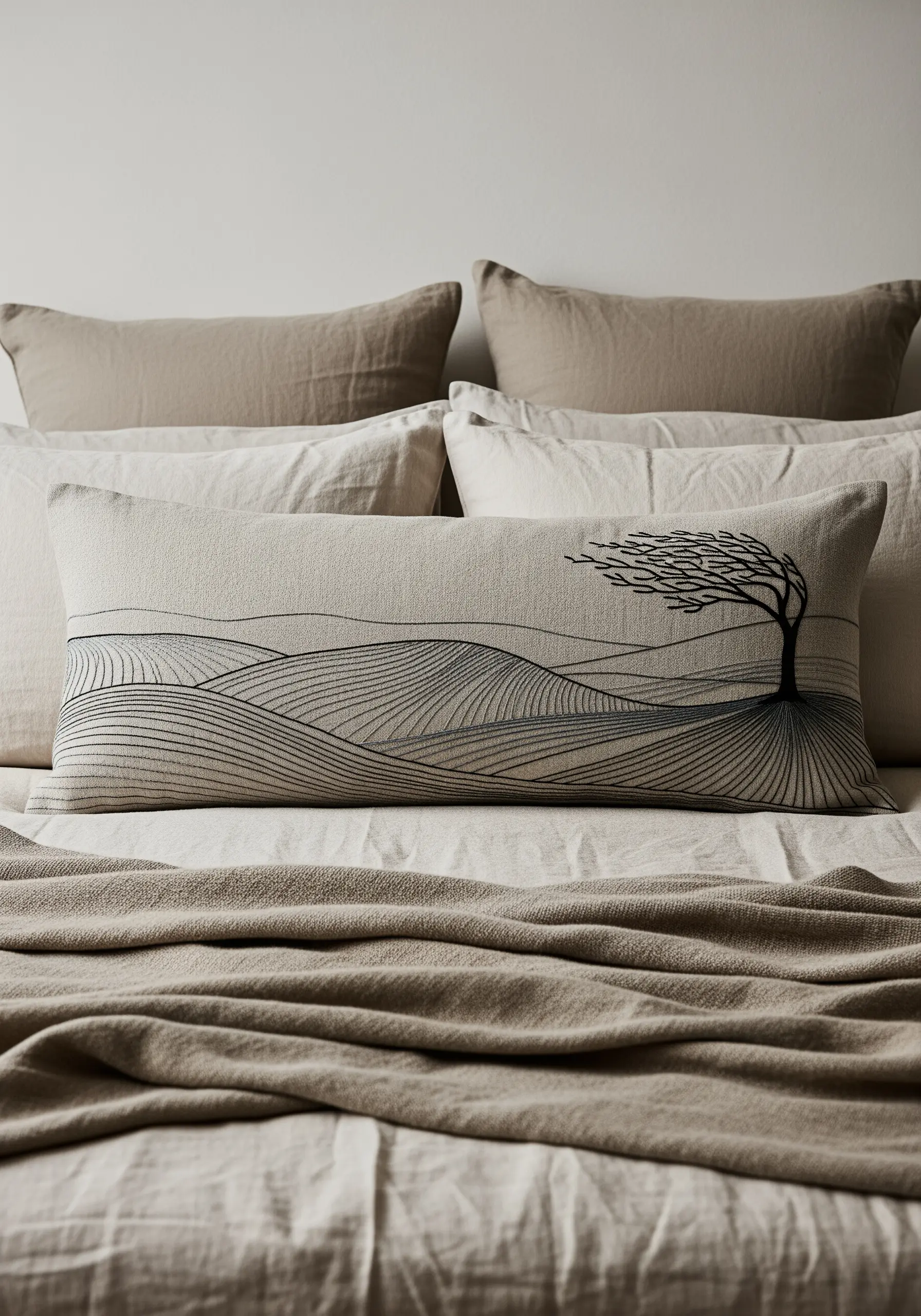 A lumbar pillow embroidered with an abstract landscape of rolling hills and a windswept tree.