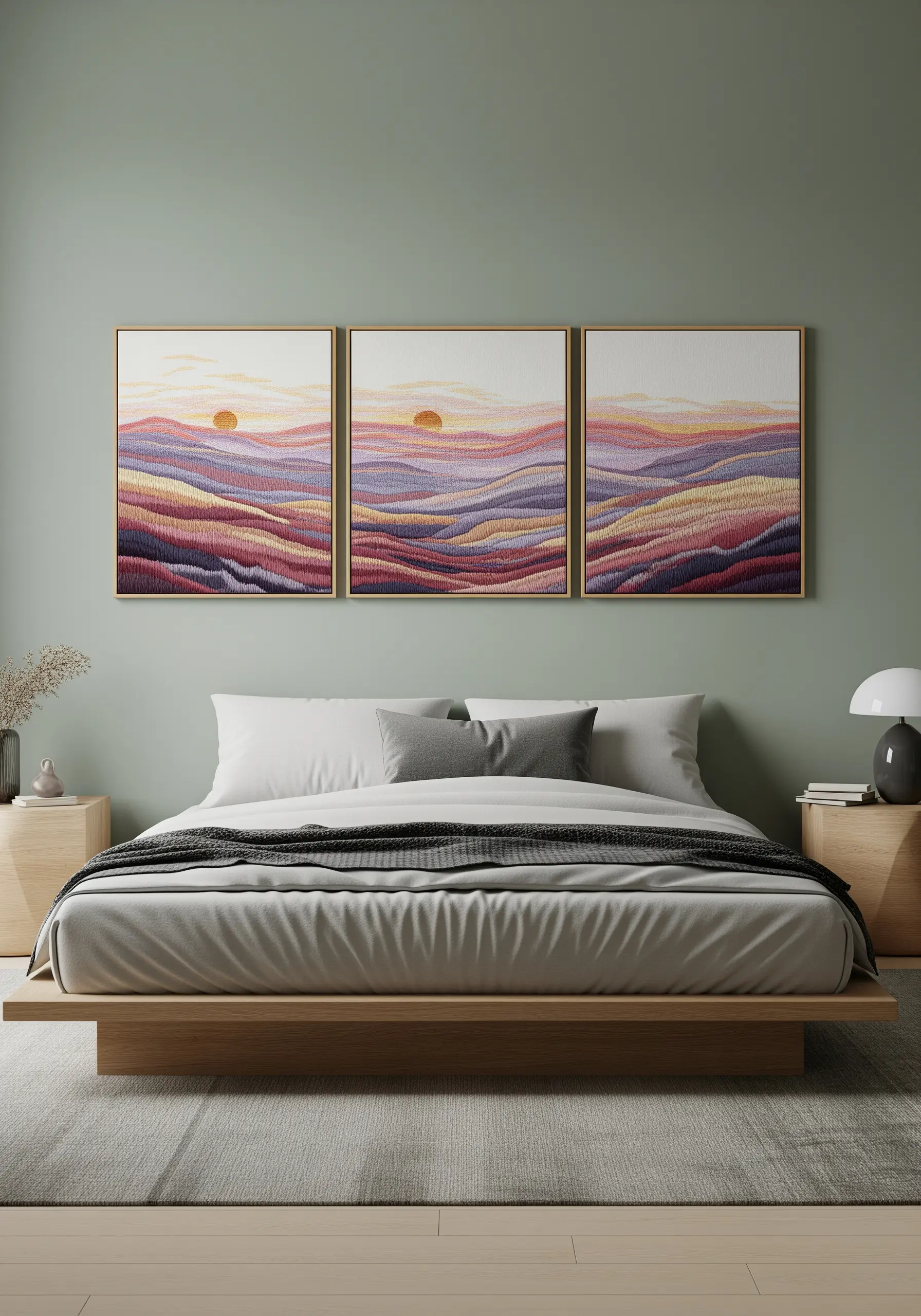 A set of three framed embroideries depicting abstract, colorful rolling hills at sunset.