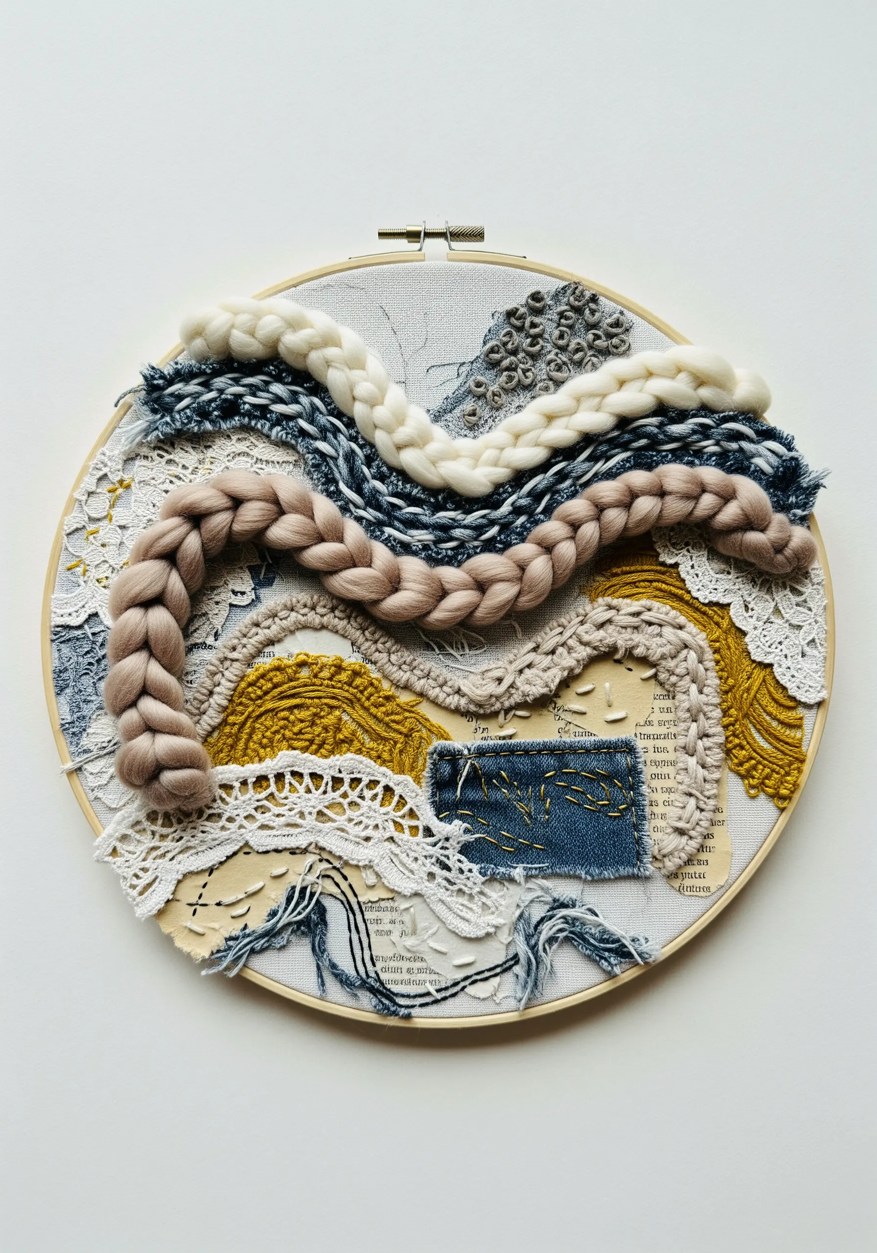 An abstract hoop art piece featuring chunky yarn braids, lace, denim, and paper collage.