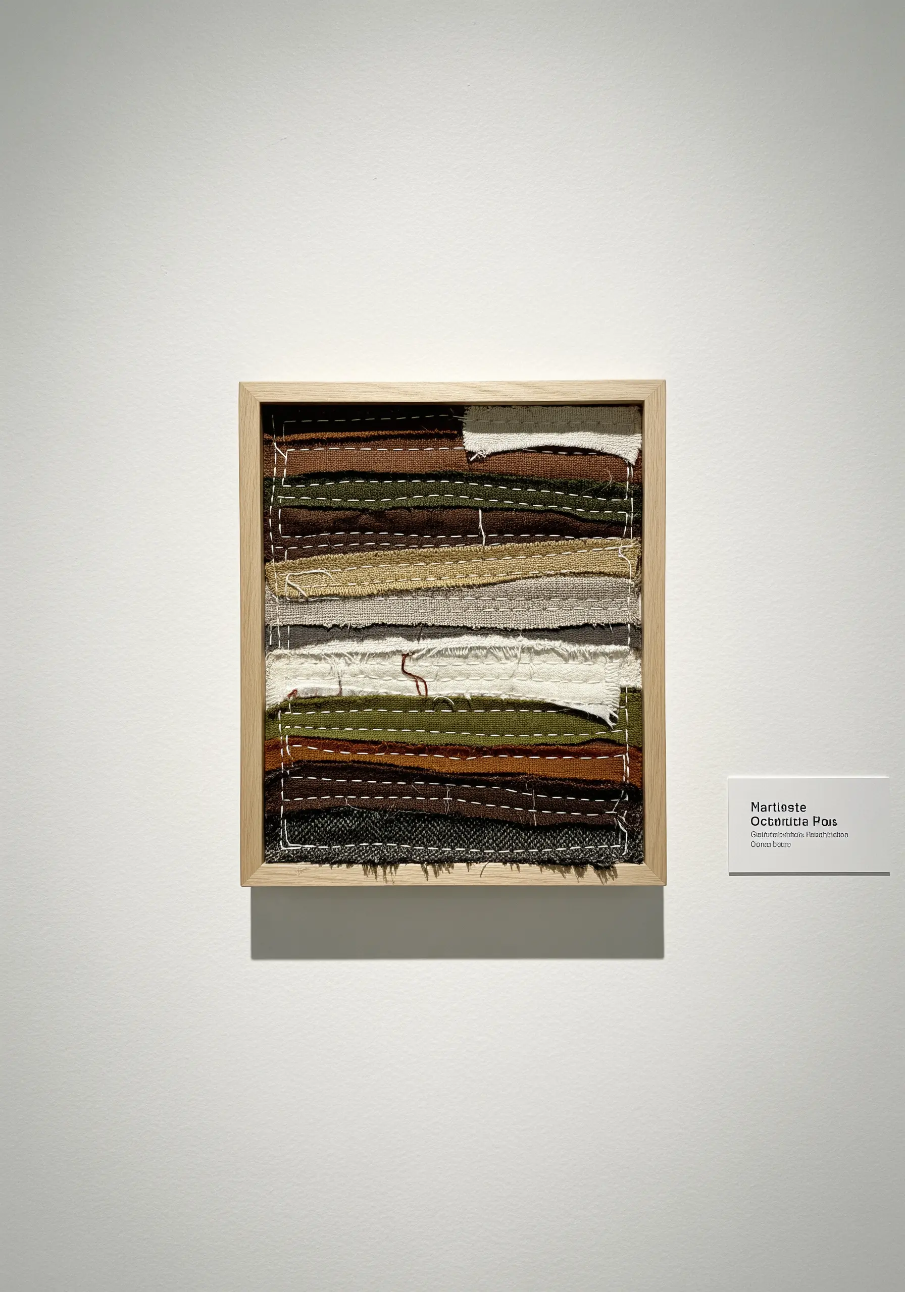 A framed textile collage of layered fabric scraps in earth tones, held with running stitches.
