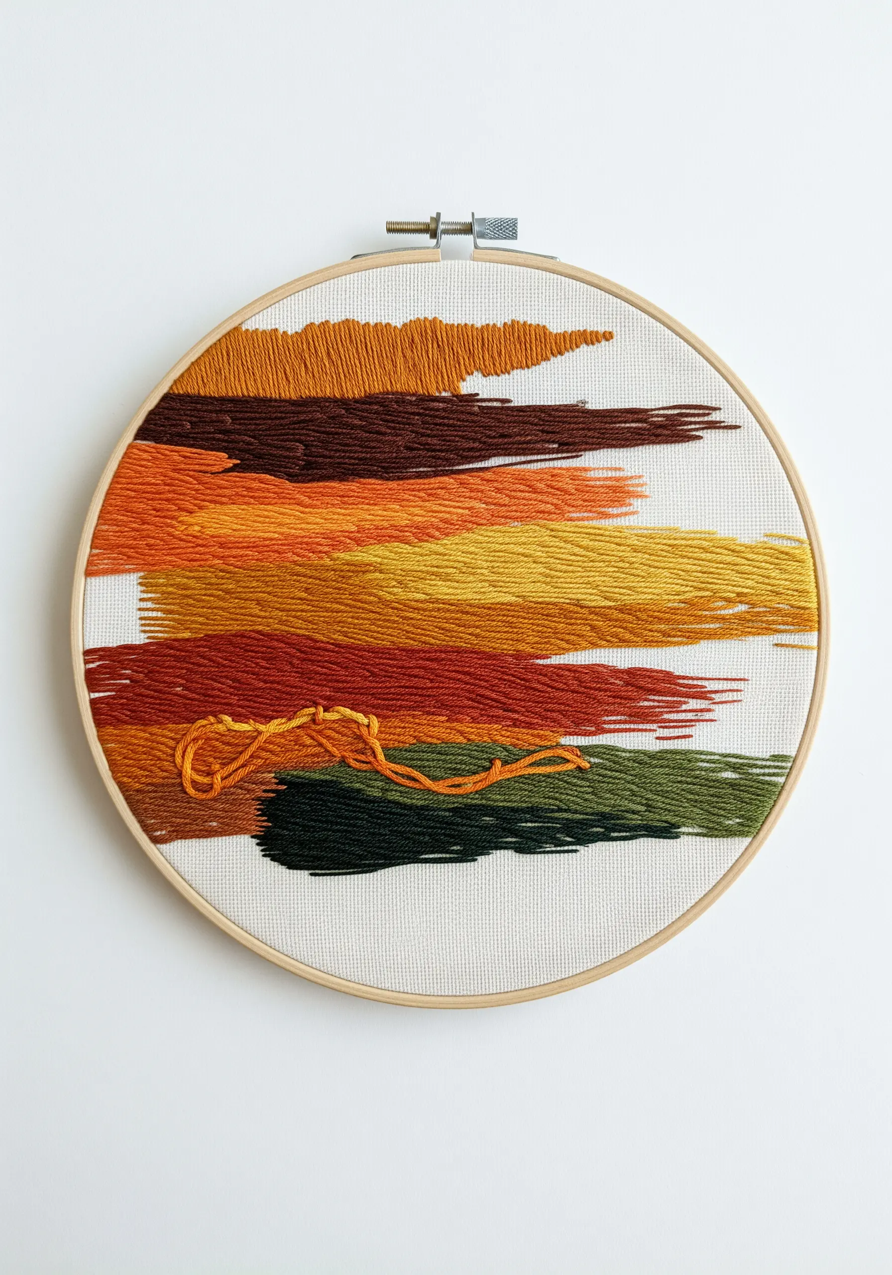 Abstract landscape made of horizontal blocks of satin stitch in earthy, warm tones.