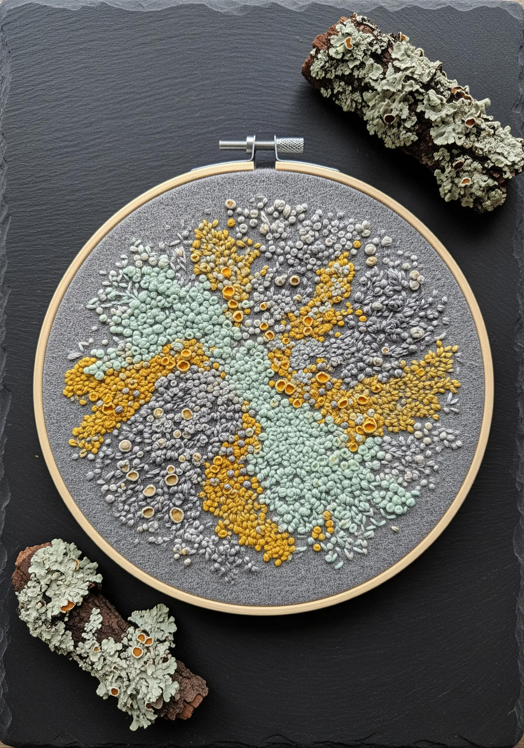 Abstract embroidery of lichen clusters in grey, yellow, and mint green.