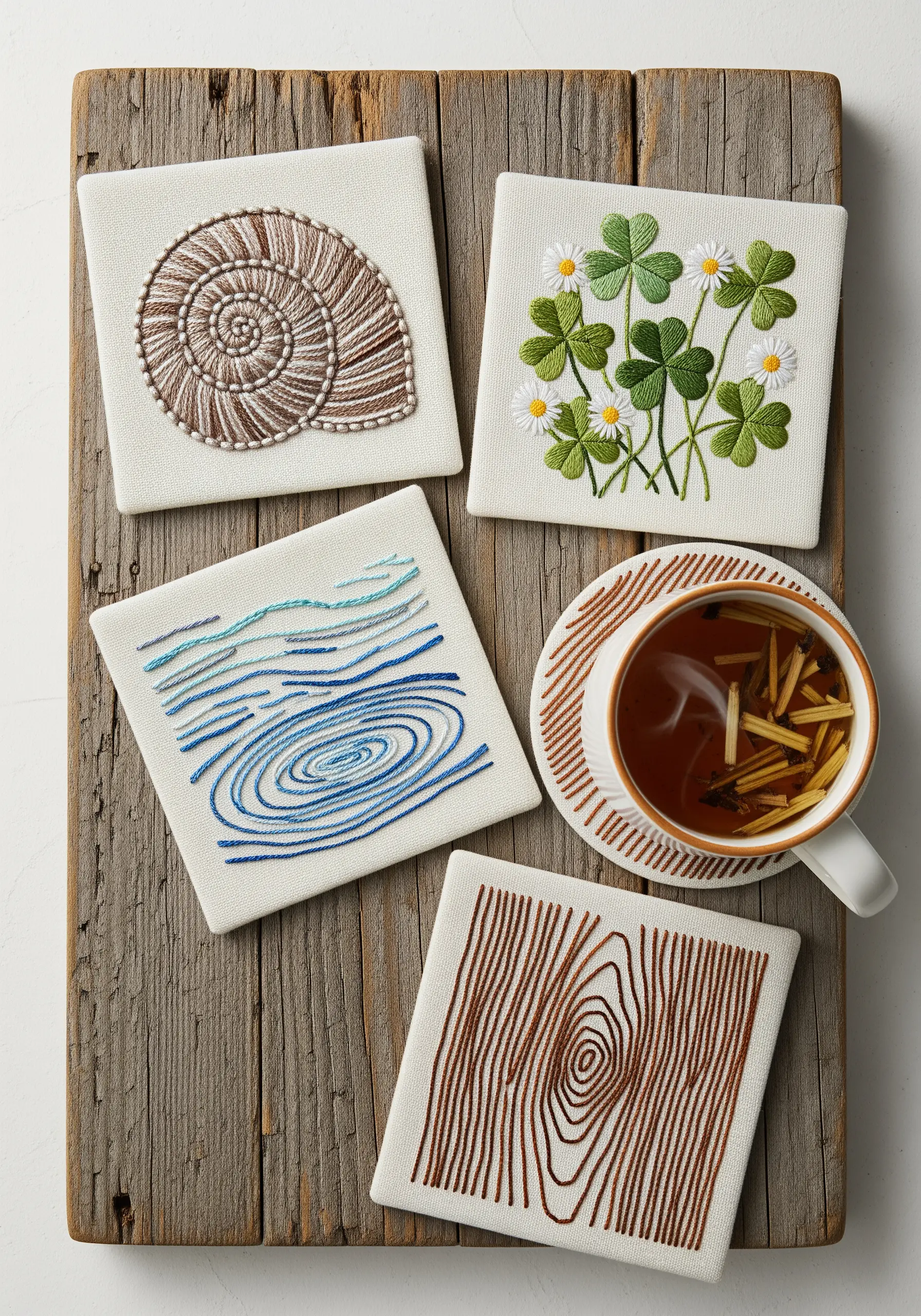 Set of four embroidered coasters with minimalist nature designs: shell, clover, water, wood.