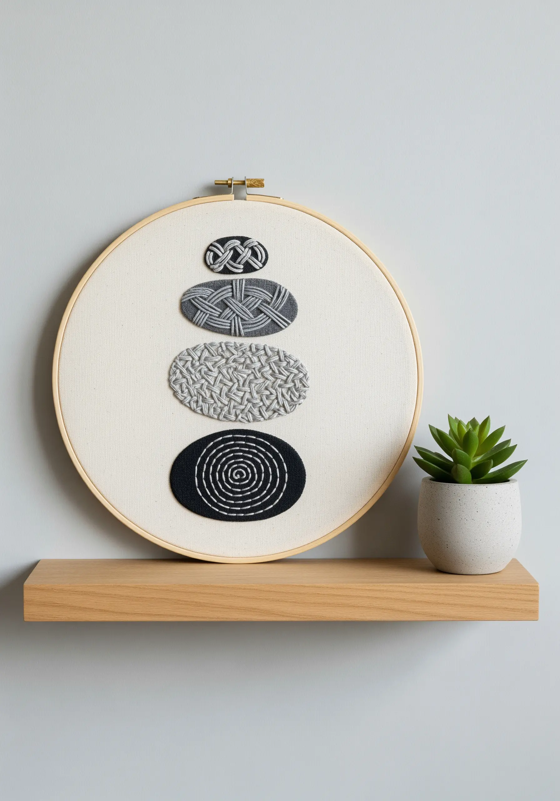 Abstract embroidery of stacked stones, each filled with a different monochrome textural stitch.