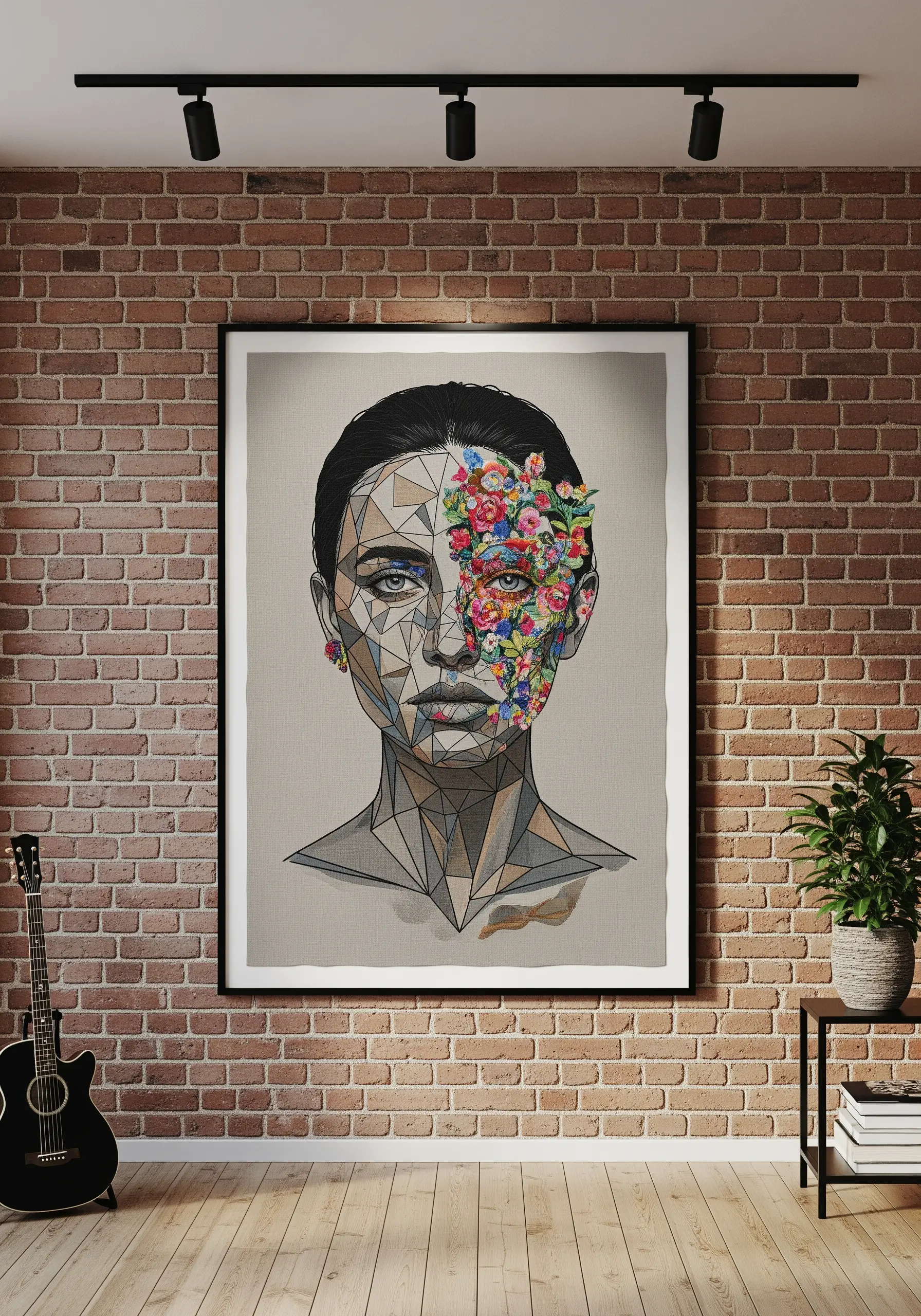 A portrait blending geometric line art on one side and a dense floral collage on the other.
