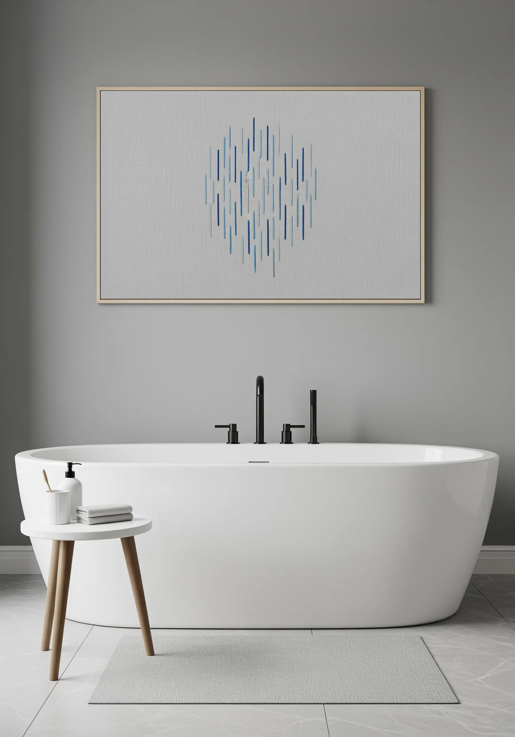 Framed embroidery art with vertical blue lines of varying shades, forming an oval shape.