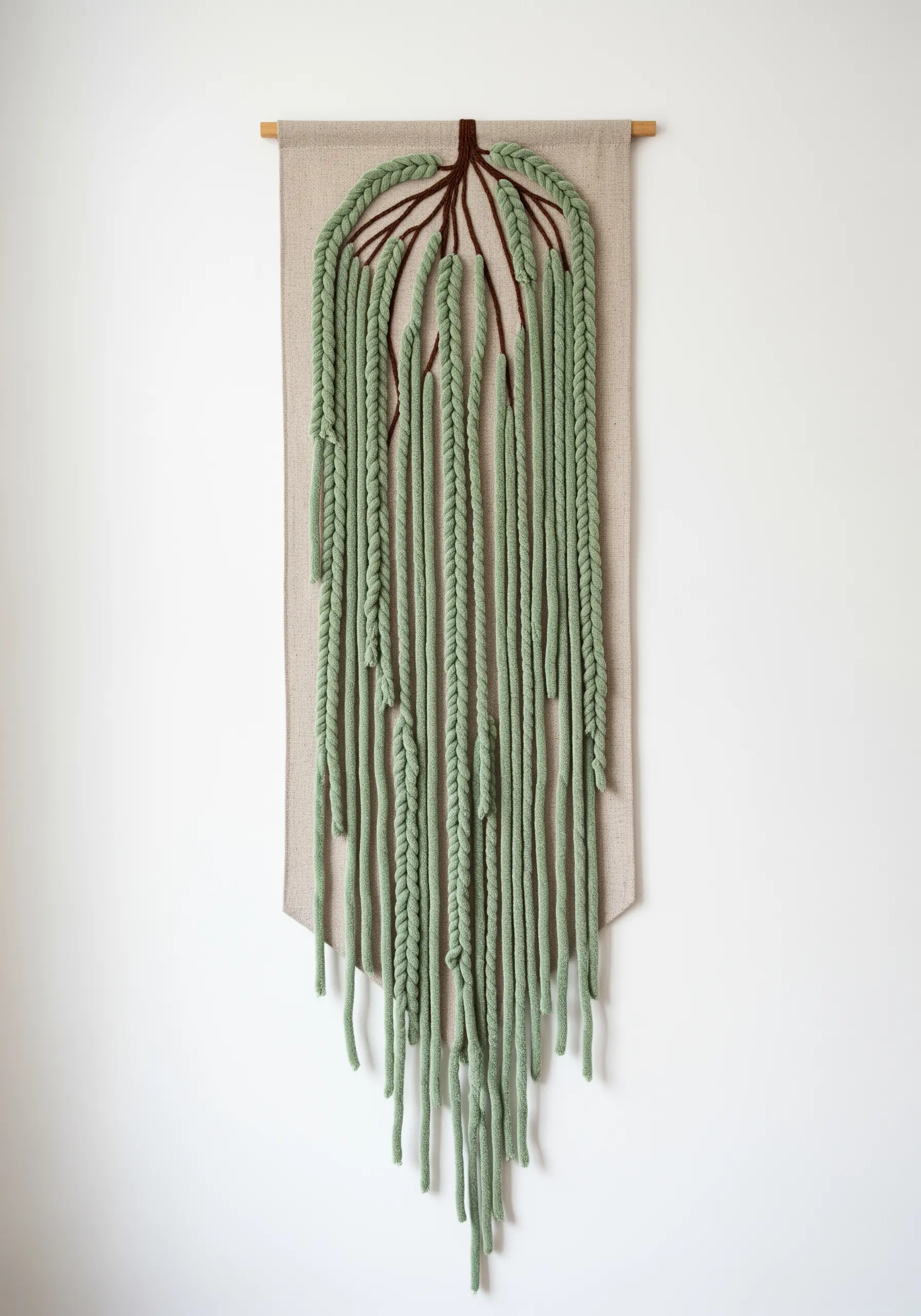 A wall hanging with a stitched brown root base and long, braided green yarn strands hanging down.