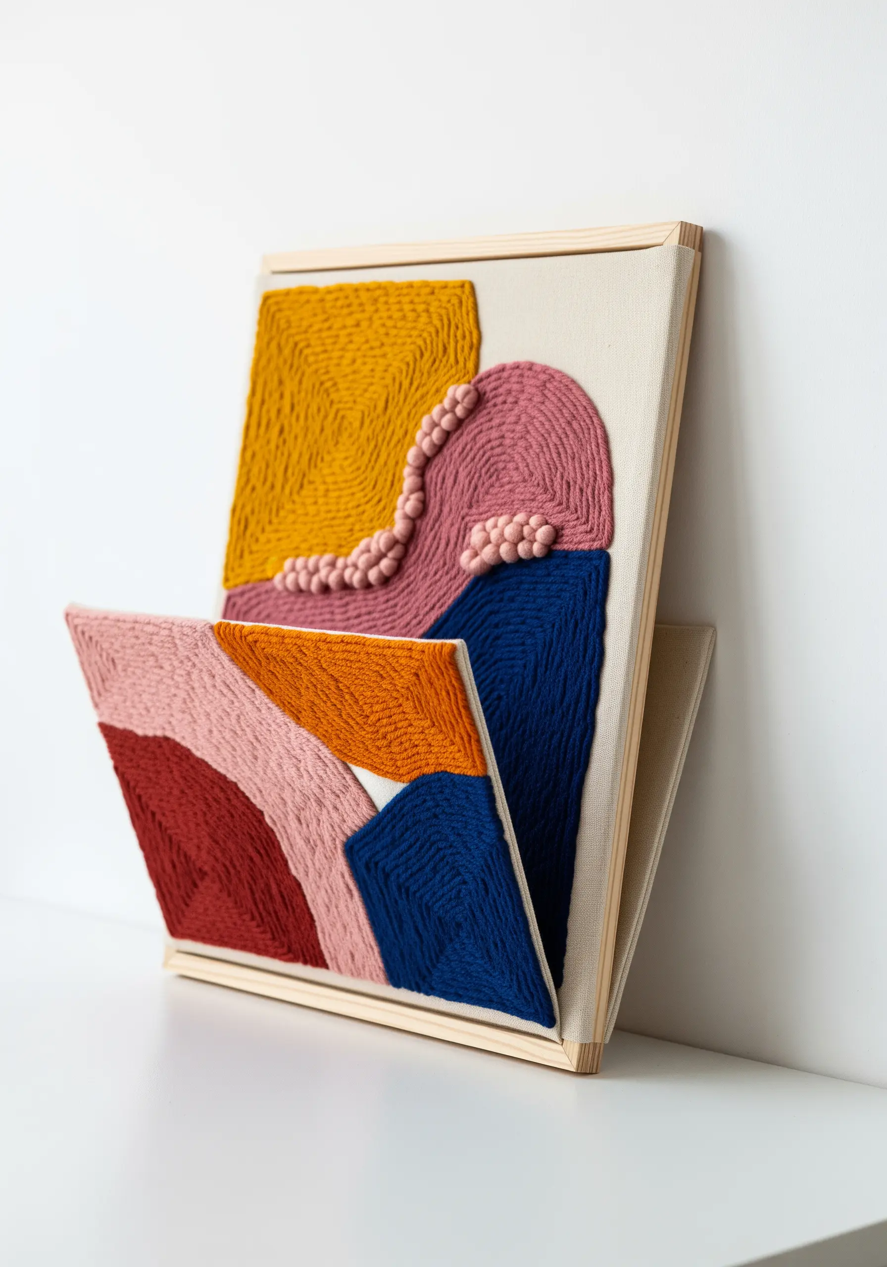 A sculptural magazine holder made of embroidered canvas panels with abstract shapes and textures.