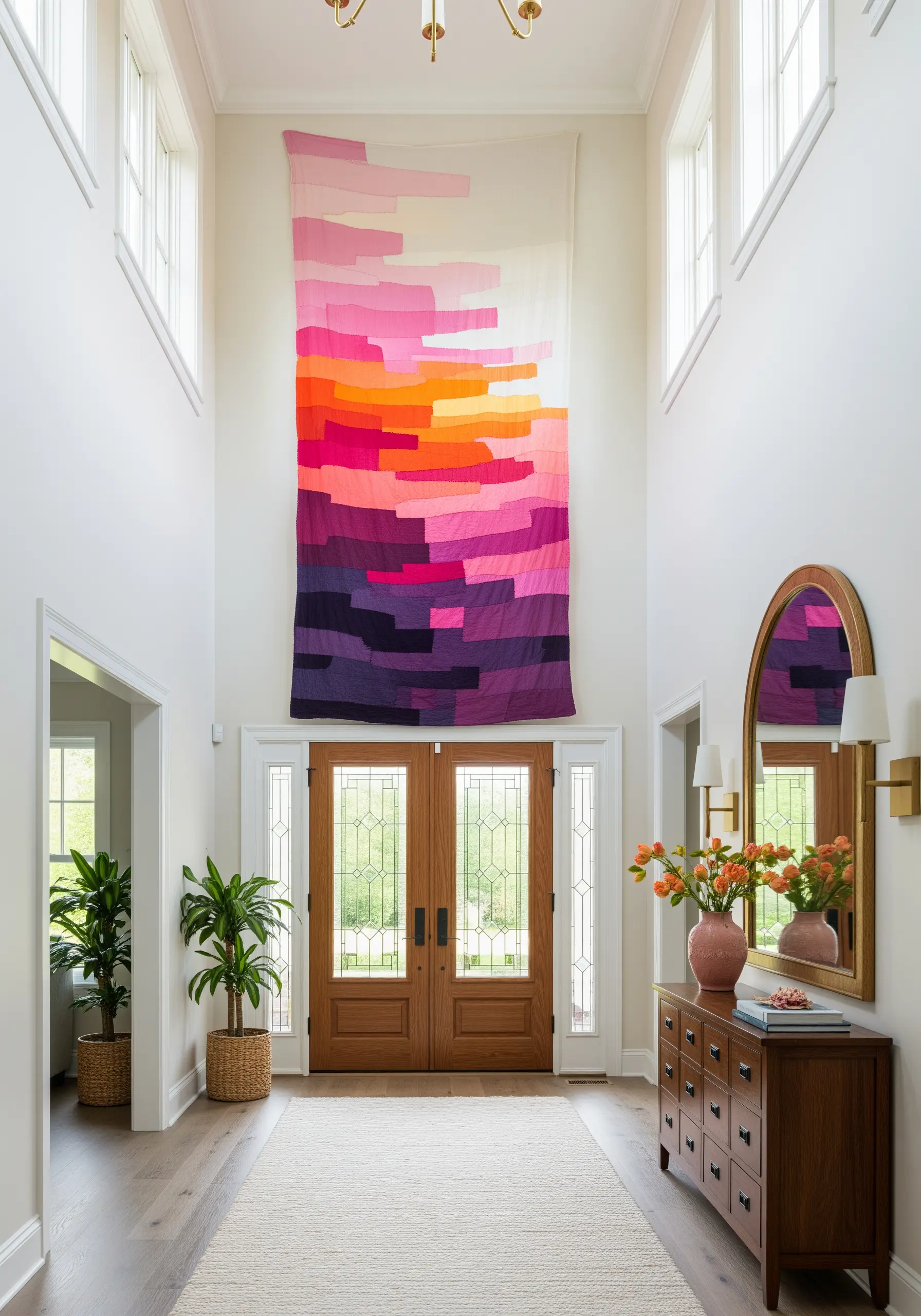 A huge, abstract wall quilt made of fabric strips in a sunset gradient of pink, orange, and purple.