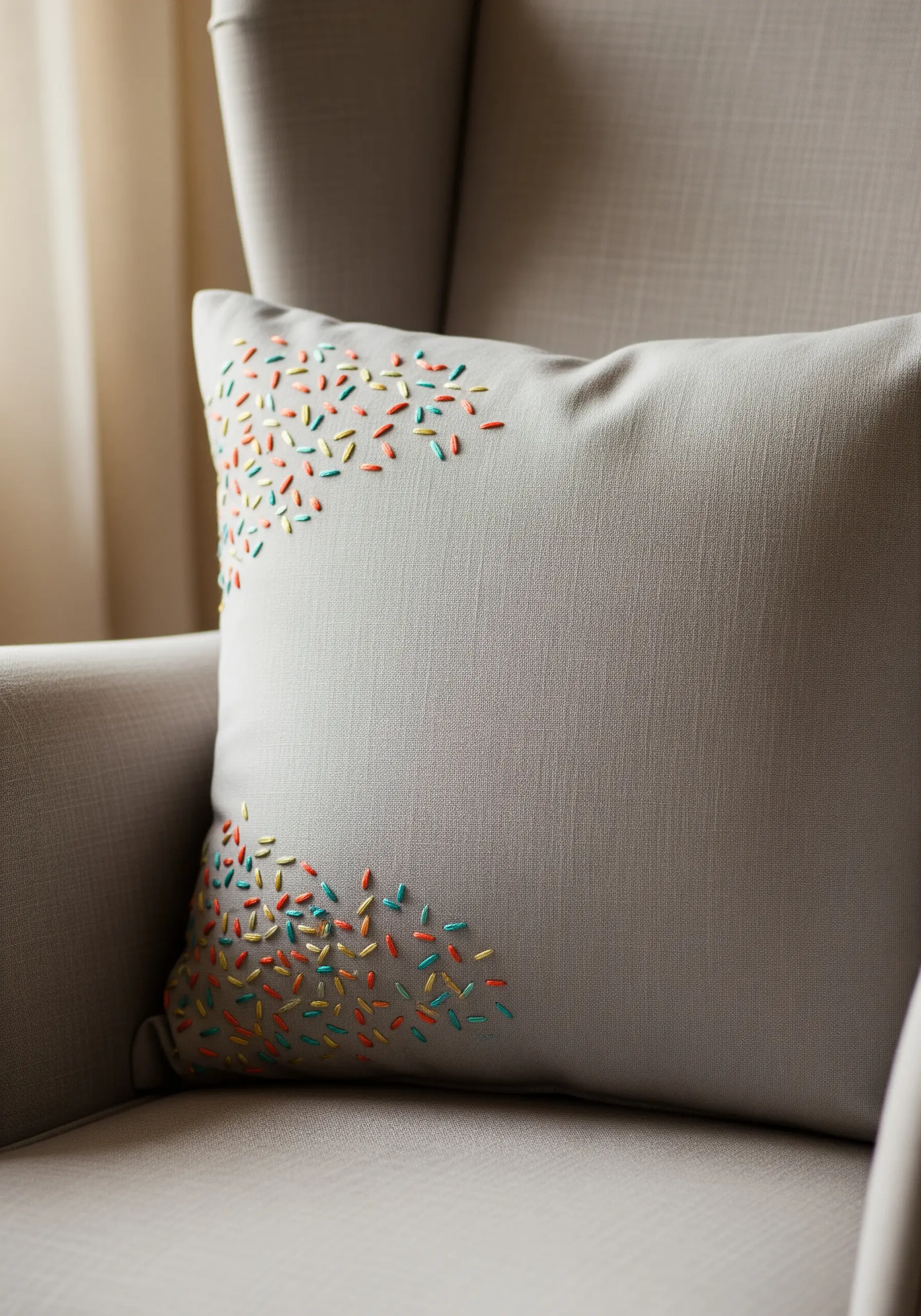 Colorful confetti seed stitches scattered across the corners of a grey pillow.