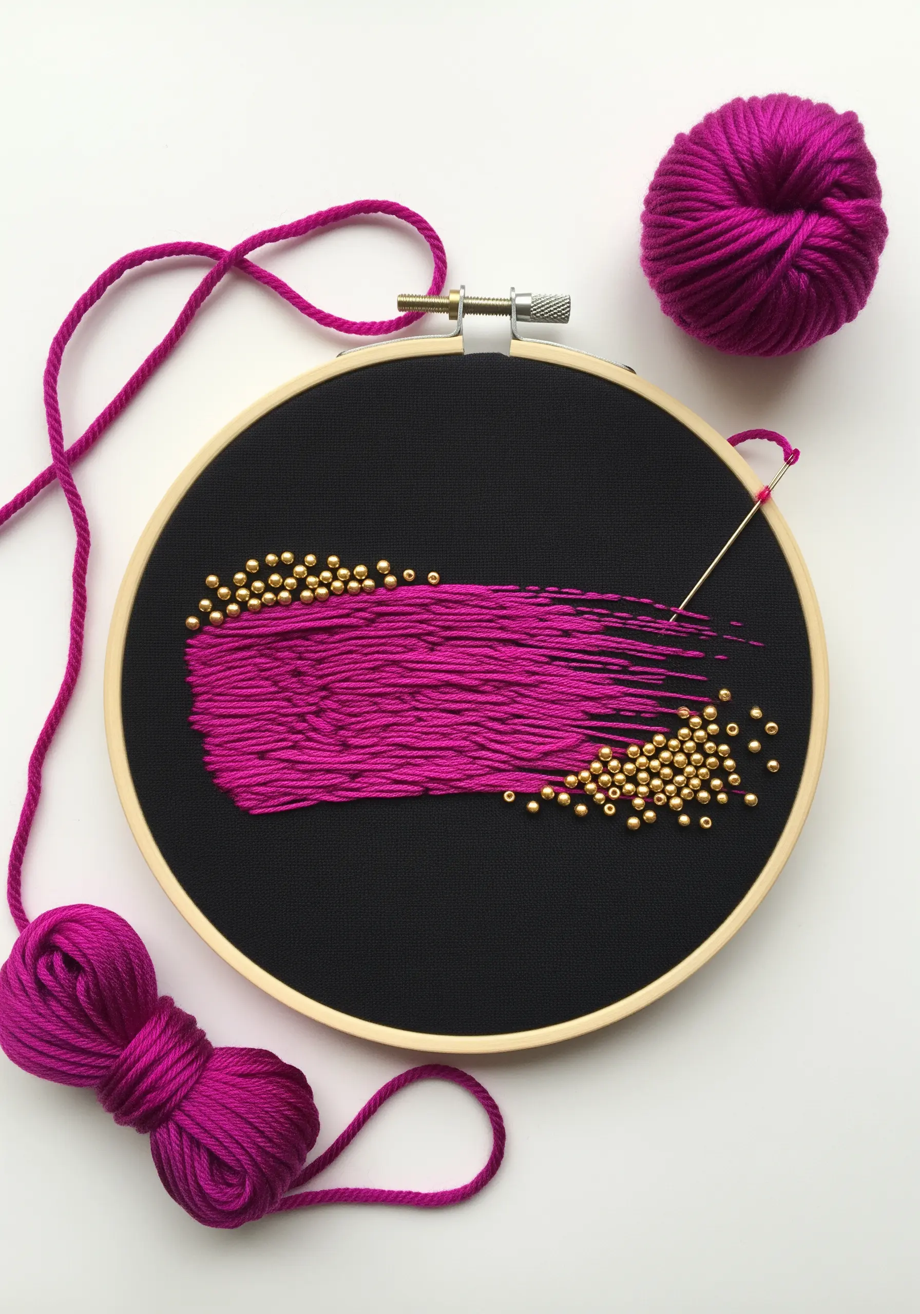 Abstract magenta yarn embroidery dissolving into a scatter of gold beads on black fabric.