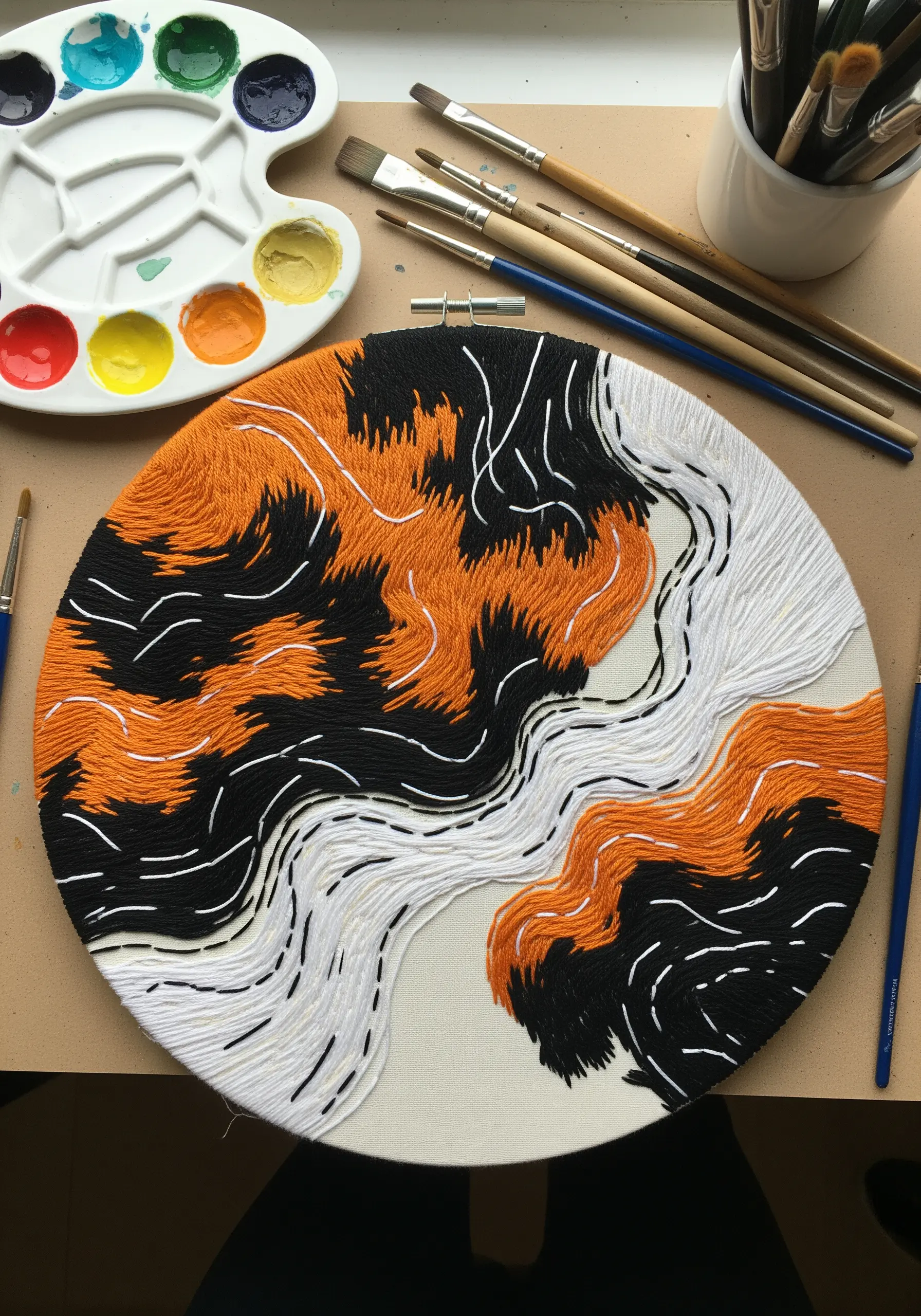 Abstract embroidery representing calico cat fur with orange, black, and white sections.