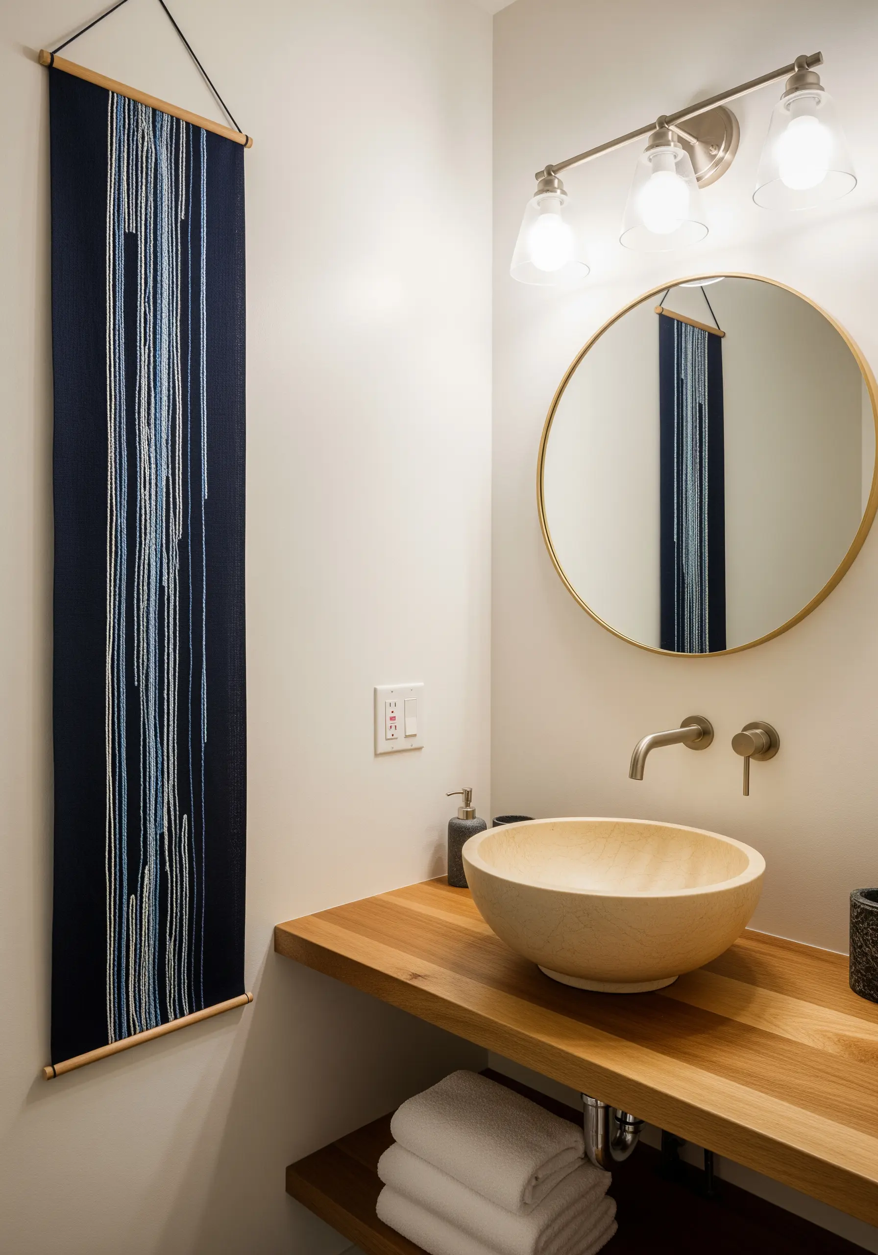 A narrow vertical wall hanging with long, abstract stitches in blue and white on navy fabric.