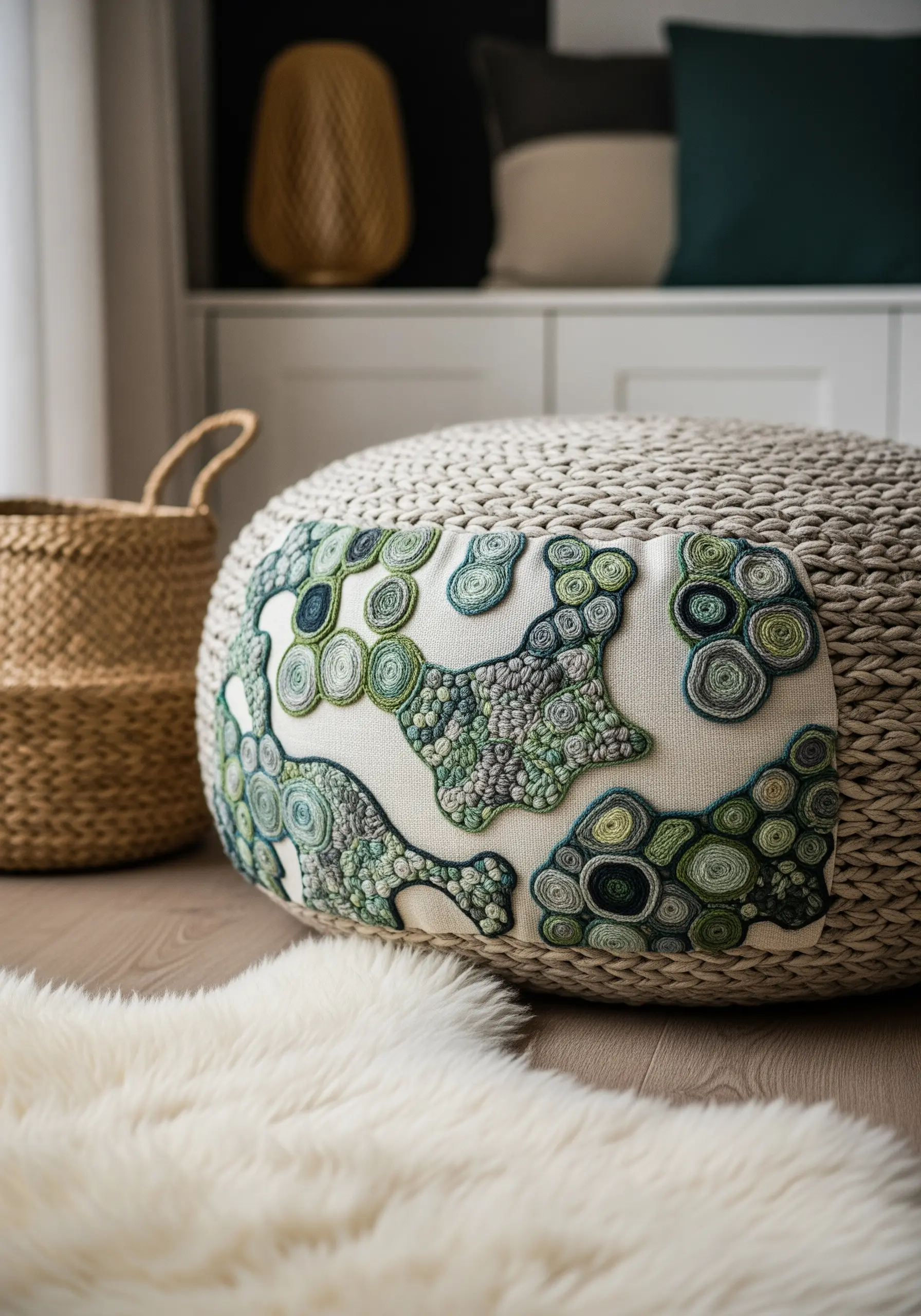 Detail of a pouf with an abstract pattern of green and blue French knots and coiled stitches.