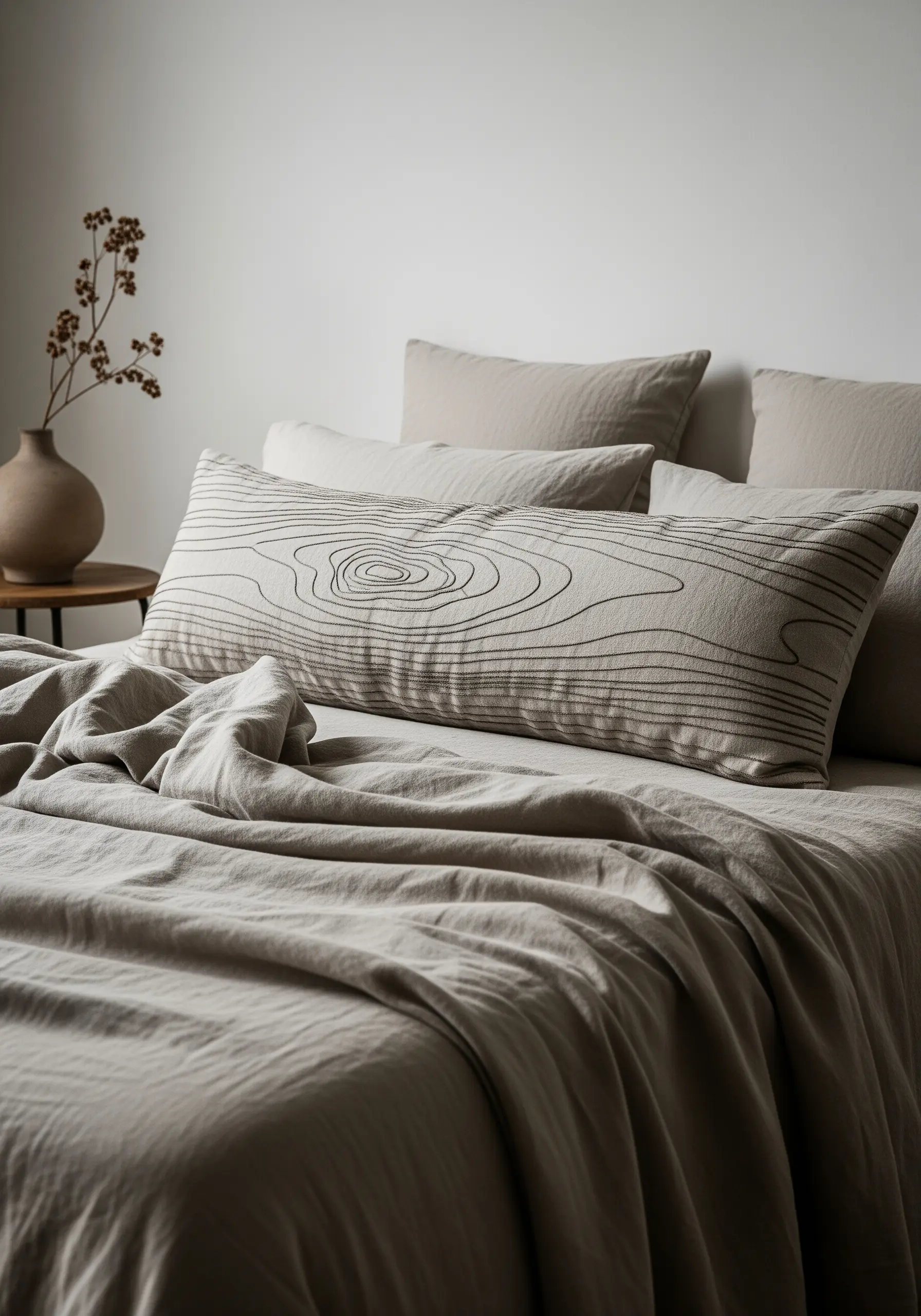 Abstract wood grain pattern embroidered on a neutral linen lumbar pillow using fine line stitches.