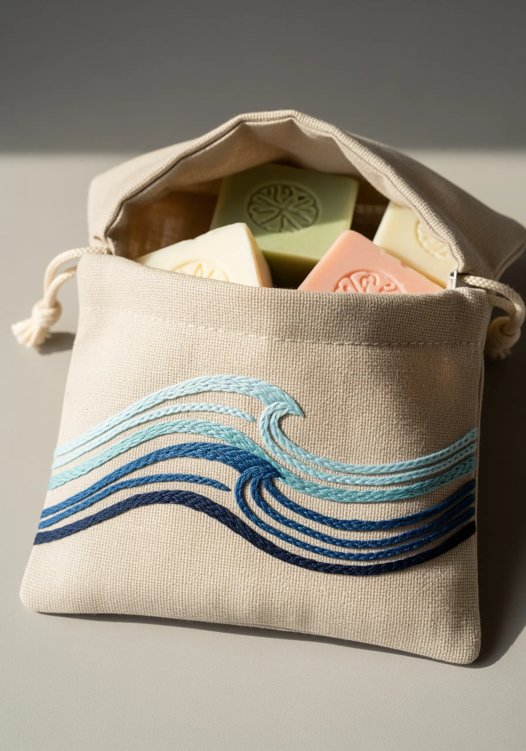 Abstract ocean waves in shades of blue embroidered on a canvas drawstring pouch.
