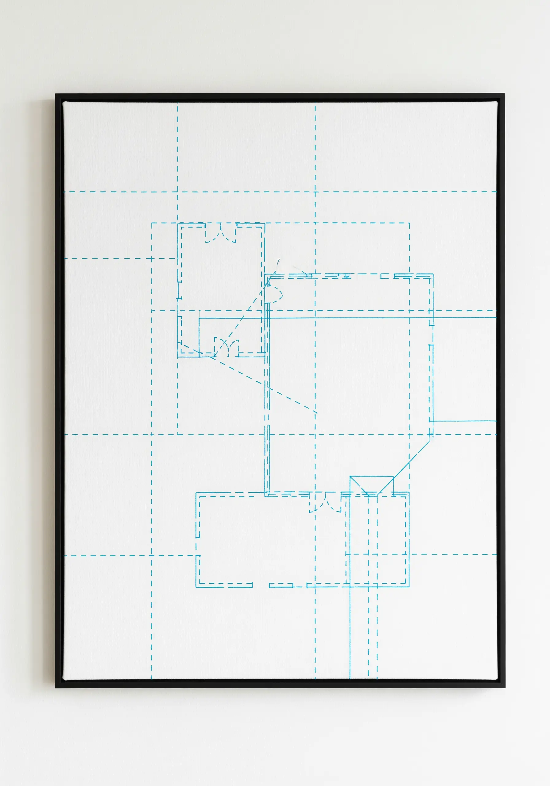 Minimalist embroidery of a house floor plan in turquoise thread on white canvas.