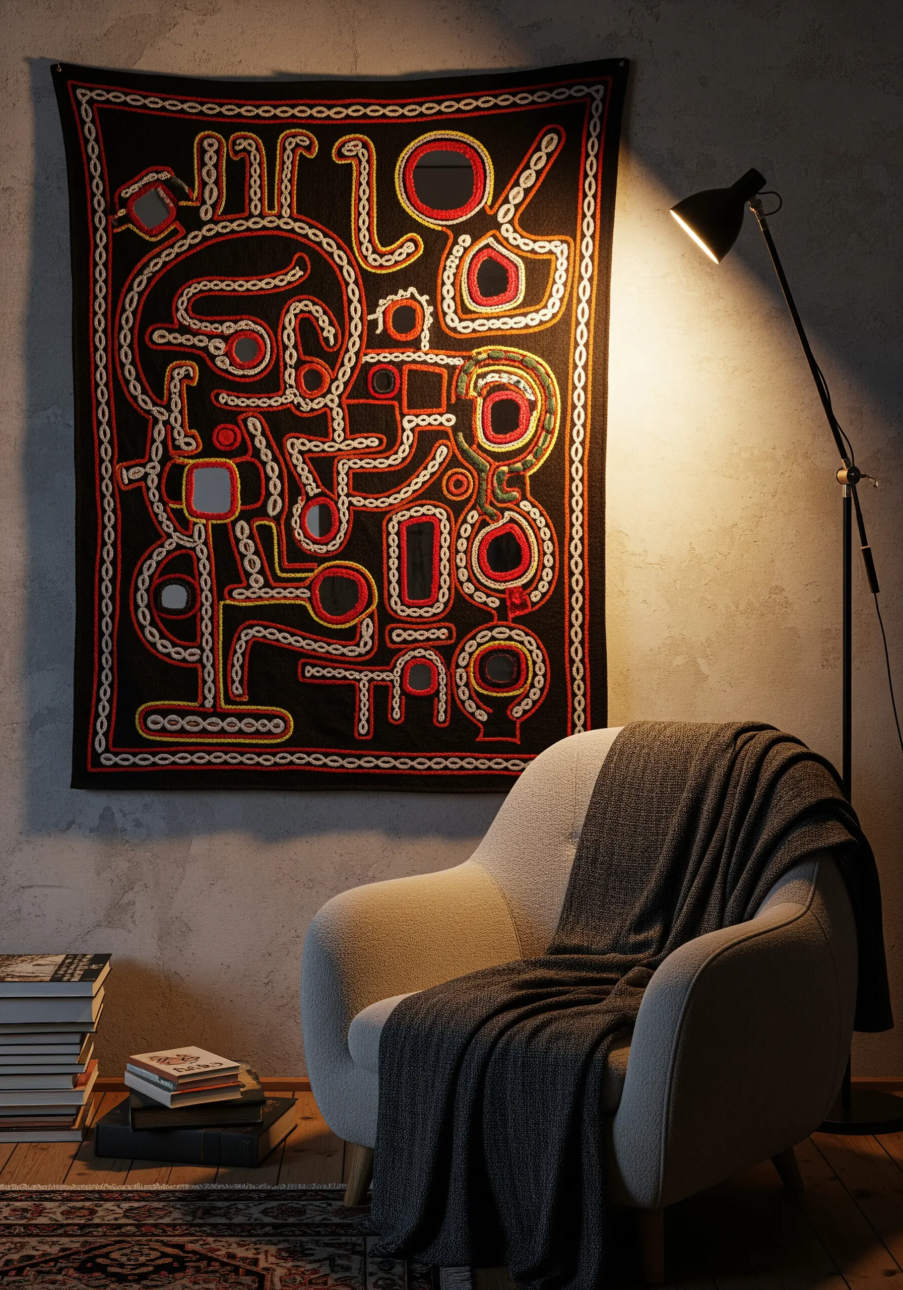A modern abstract embroidery with thick lines and mirrors, in the style of Rabari work.