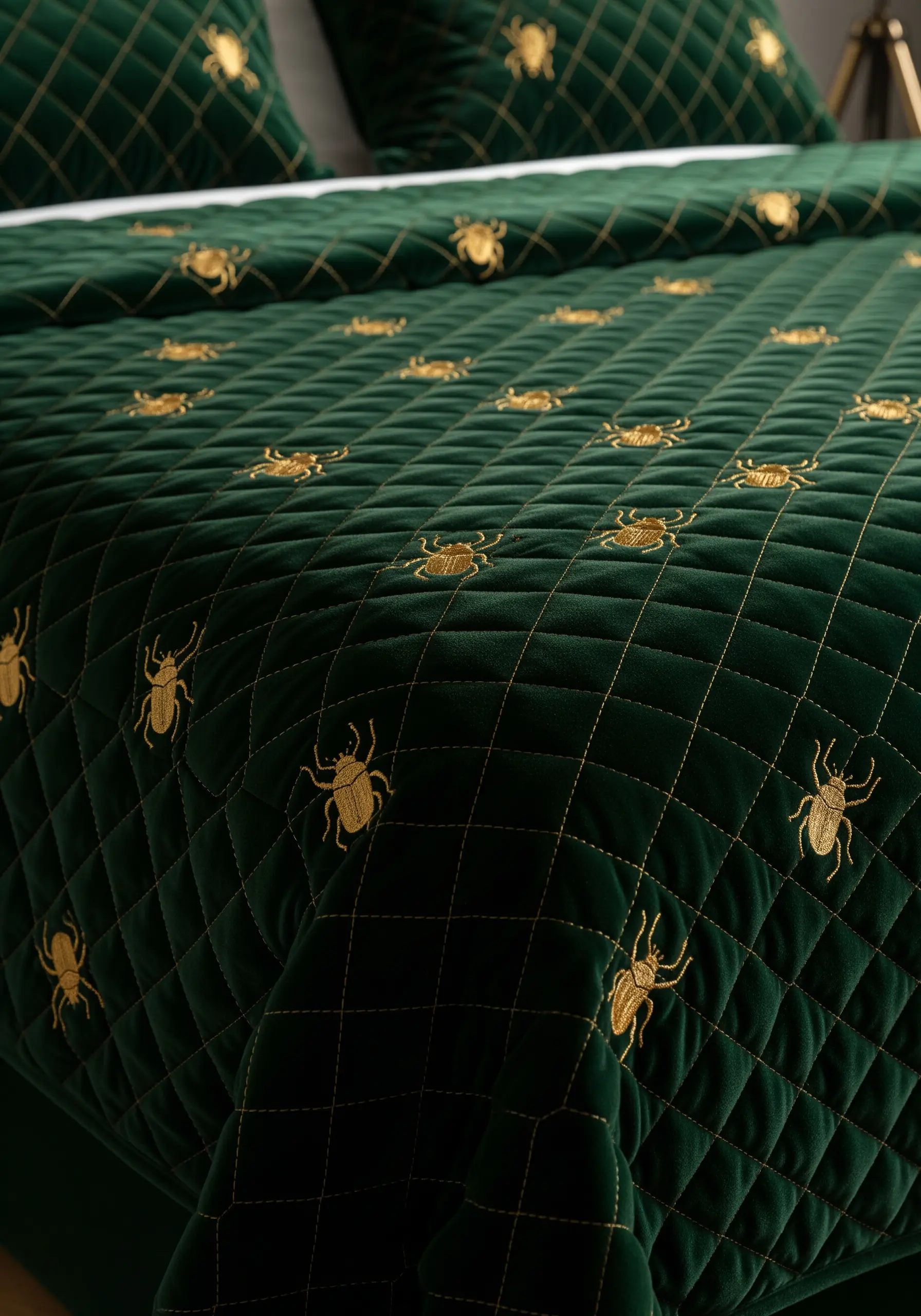 A dark green quilted velvet bedspread with a pattern of small embroidered gold beetles.
