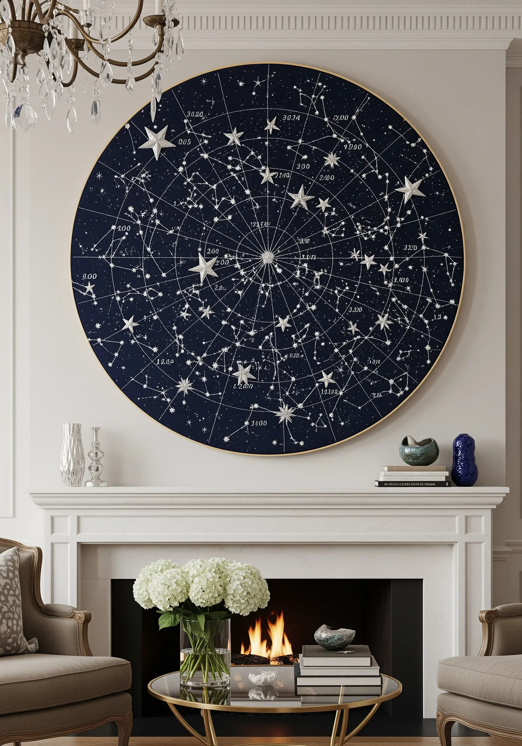 A large, circular celestial map embroidery with added 3D silver stars over a fireplace.